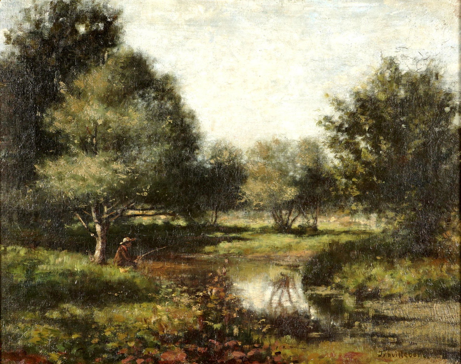 Paul Desire Trouillebert Man Fishing in Landscape: TROUILLEBERT, Paul Desire, (French, 1829-1900): Landscape with man fishing at rivers edge, Oil/Canvas, signed lower right, older label verso, 14" x 18", gilt wood frame 26.25" x 30". Condition: Craque