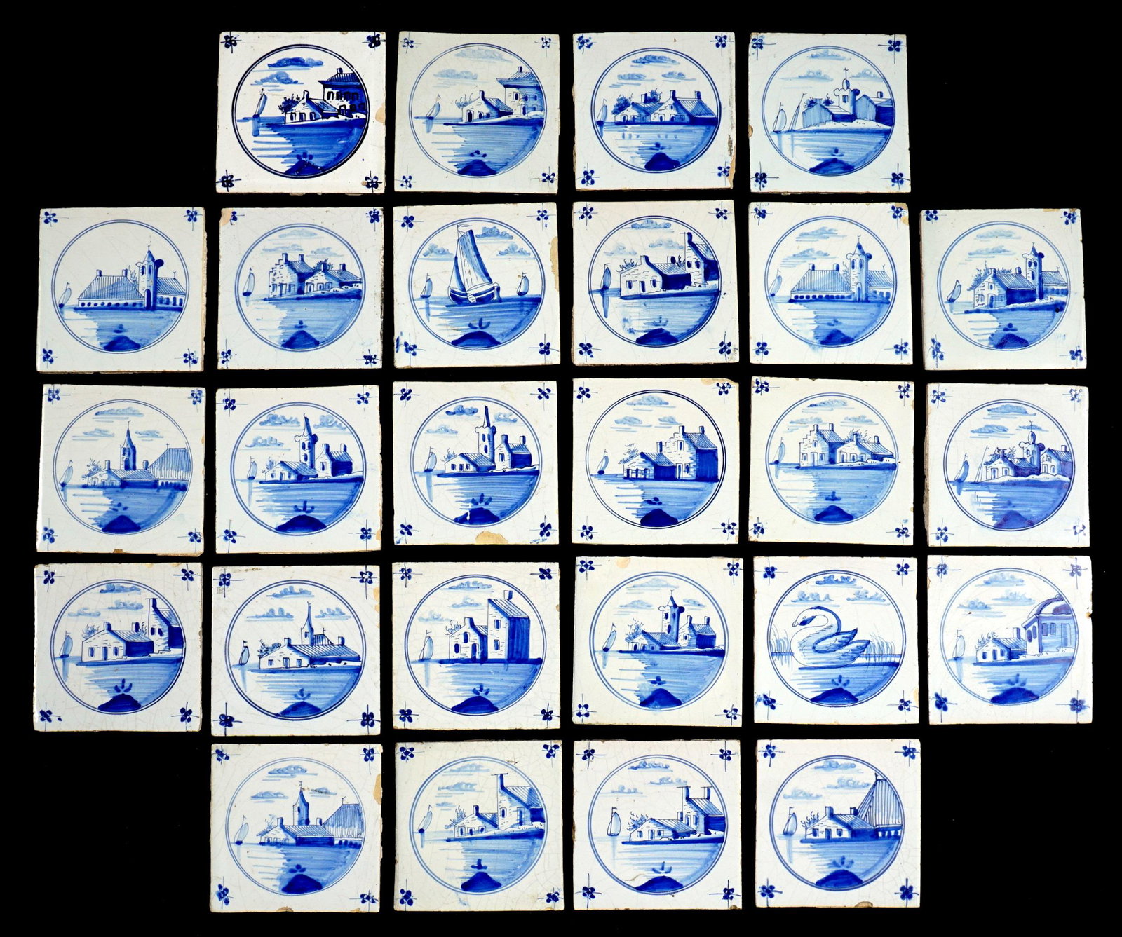 Collection of 26 Delft Blue Tiles: Collection of 26 tiles total with assorted seaside houses and buildings, each tile 5" x 5". Condition: Chips, cracks, and crazing to be expected.