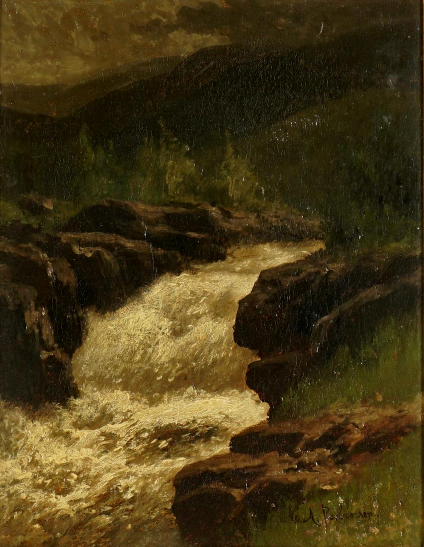 19th Century Waterfall Landscape Signed Robinson: ROBINSON, C. A.: Mountainous landscape with waterfall, Oil/Canvas, signed C. A. Robinson lower right, 14" x 11", framed 19" x 16". Condition: Scattered inpaint, relined.
