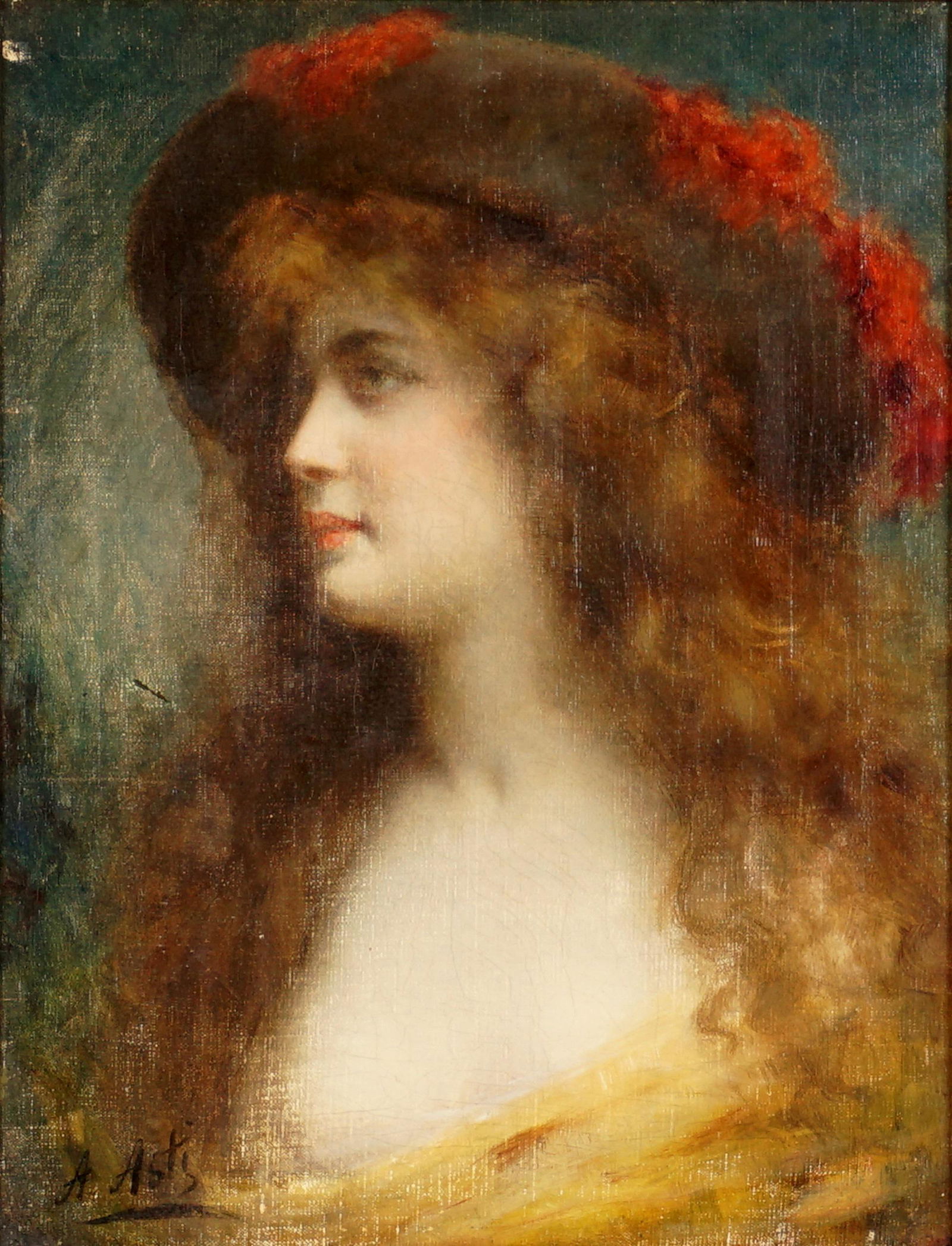 Angelo Asti Portrait of a Red Head Beauty: ASTI, Angelo, (French, 1847-1903): Portrait of a red headed beauty with hat and yellow dress, Oil/Canvas, singed lower left, 14" x 11", framed 21.5" x 18.75". Condition: Scattered inpaint, two patch r