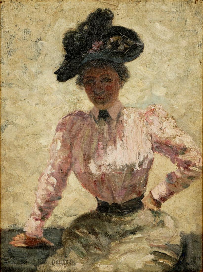 Impressionist Portrait of a Woman Signed Miller: attributed to MILLER, Richard E., (American, 1875-1943): Impressionist portrait of a seated woman in blue hat, Oil/Canvas laid on Board, inscribed and signed lower left "To my friend Leon Dallisch?, M
