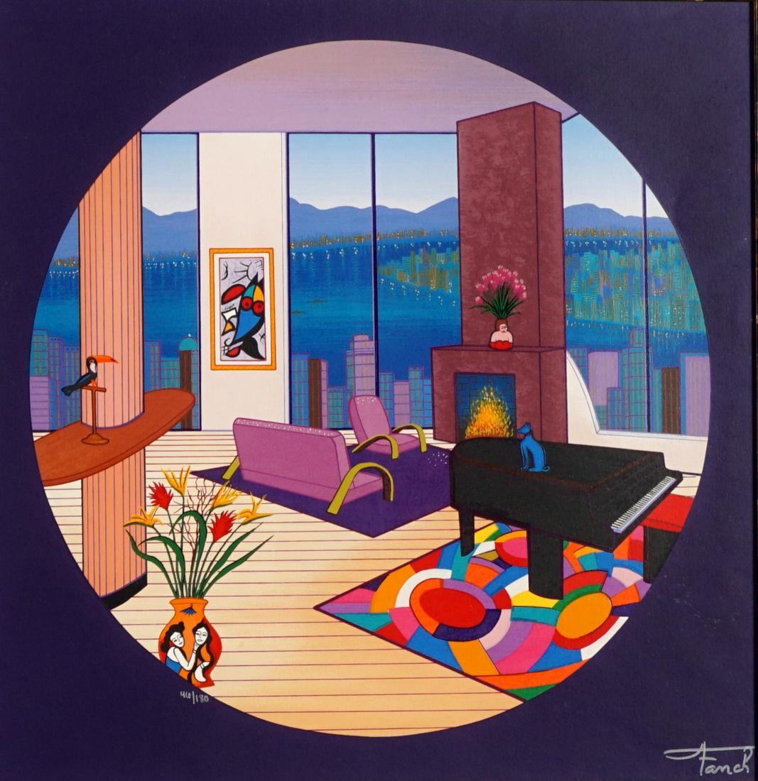 Francois Ledan Fanch Interior with Piano Serigraph: LEDAN, Francois, AKA Fanch, (American, 20th Century): "Interior with Grand Piano I", Serigraph on Wove Paper, signed lower right, numbered 46/180, sight size 18" x 18", framed 29.5" x 29.5". Sold with