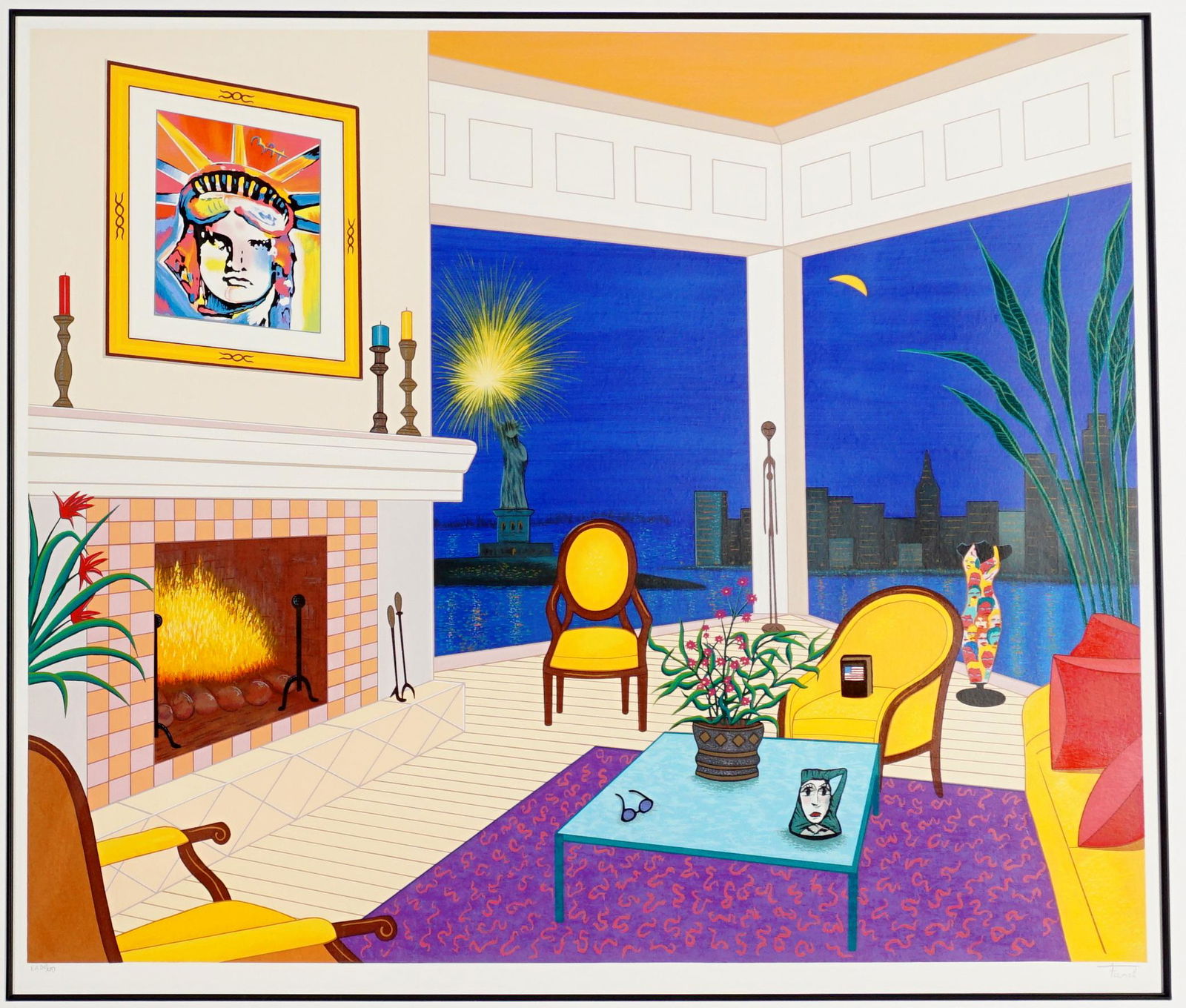 Francois Ledan Fanch Interior w/ Liberty Serigraph: LEDAN, Francois, AKA Fanch, (French, 20th Century): "Interior with Liberty", Serigraph on Wove Paper, pencil signed lower right, numbered EA 24/60 lower left, 31.5" x 37.5", framed 4.75" x 49.75". Sol