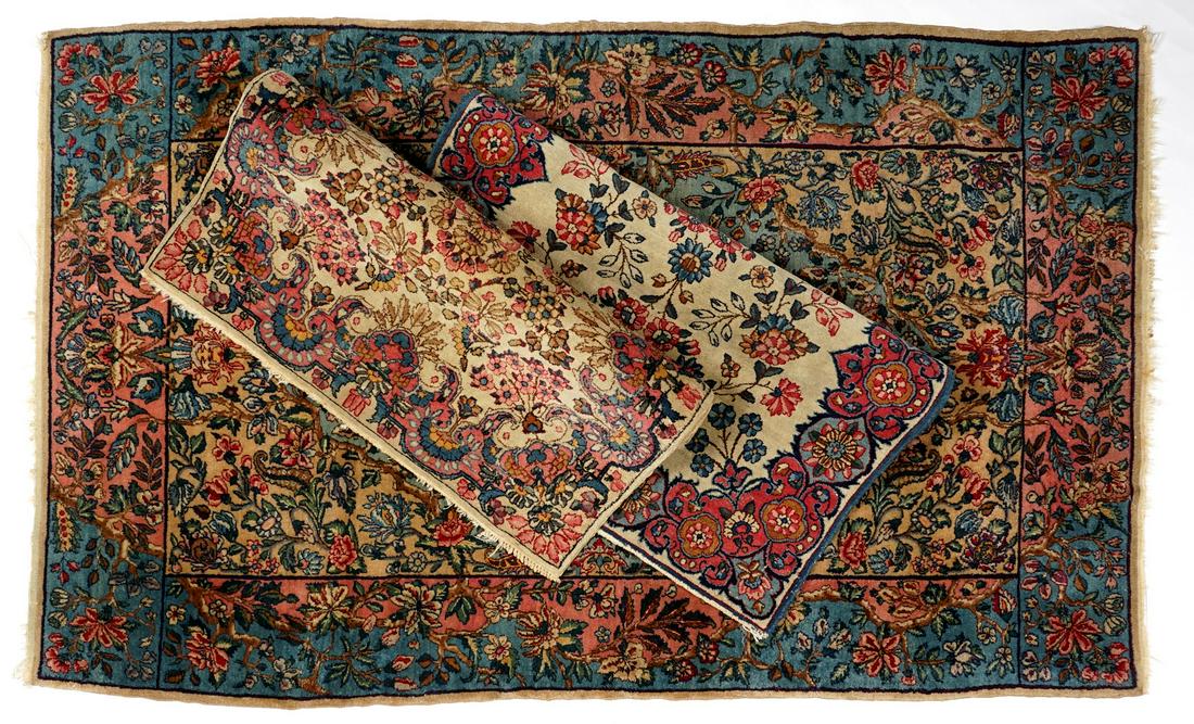 Three Antique Kerman Rugs: Three rugs total, each hand knotted wool, to include 1) Tan field, floral center medallion, alternating floral medallion border, 36" x 60". 2) Tan field, floral decorated all over, 36" x 56". 3) Light