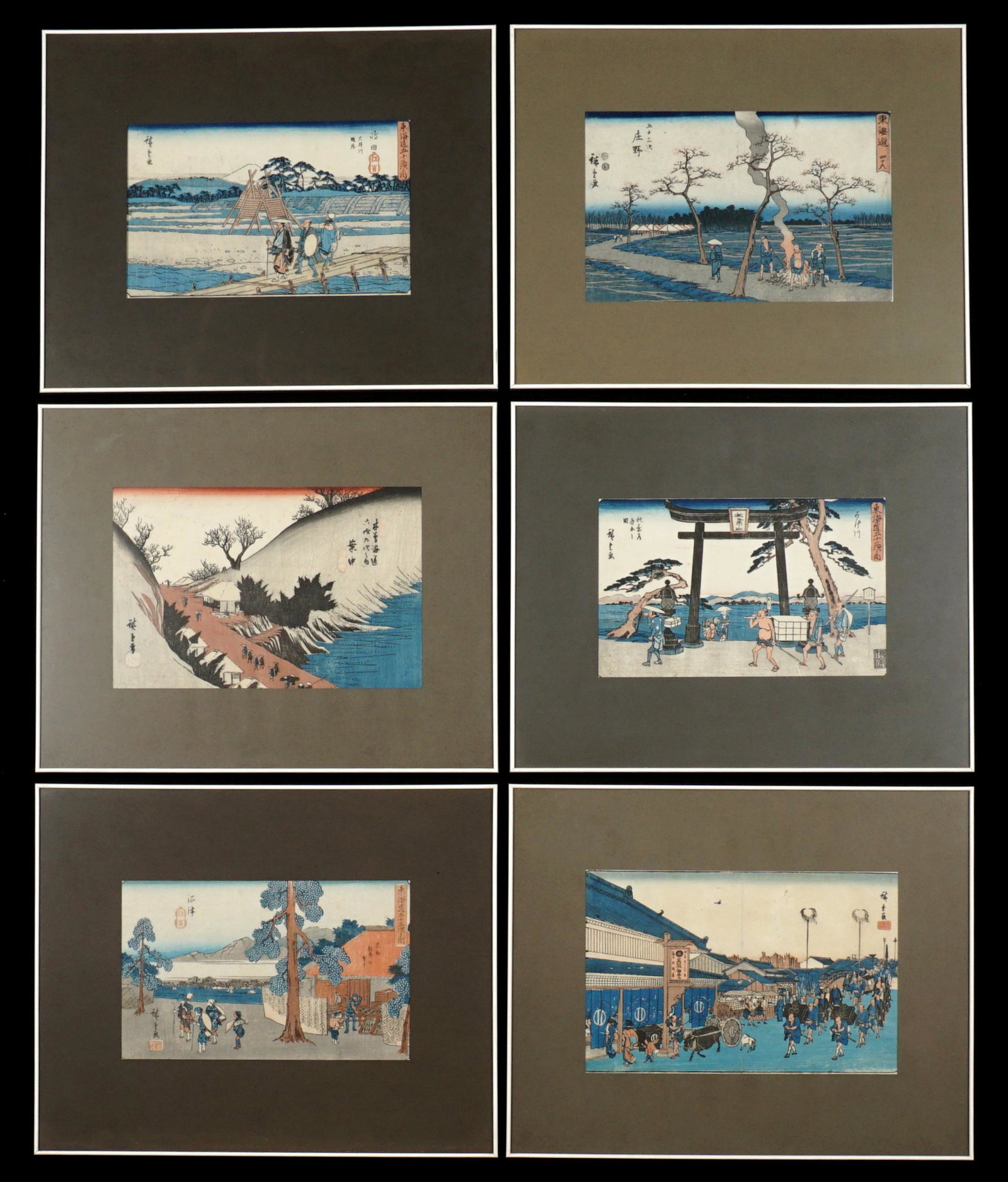 Six Ando Hiroshige Japanese Woodblock Prints: HIROSHIGE, Ando aka Utagawa, (Japanese, 1797-1858): An assembled collection of 6 woodblocks on paper. 53 Stations of Tokaido of assorted publishers to include 1) Station 24, Shamida. 2)Station 46, Sho