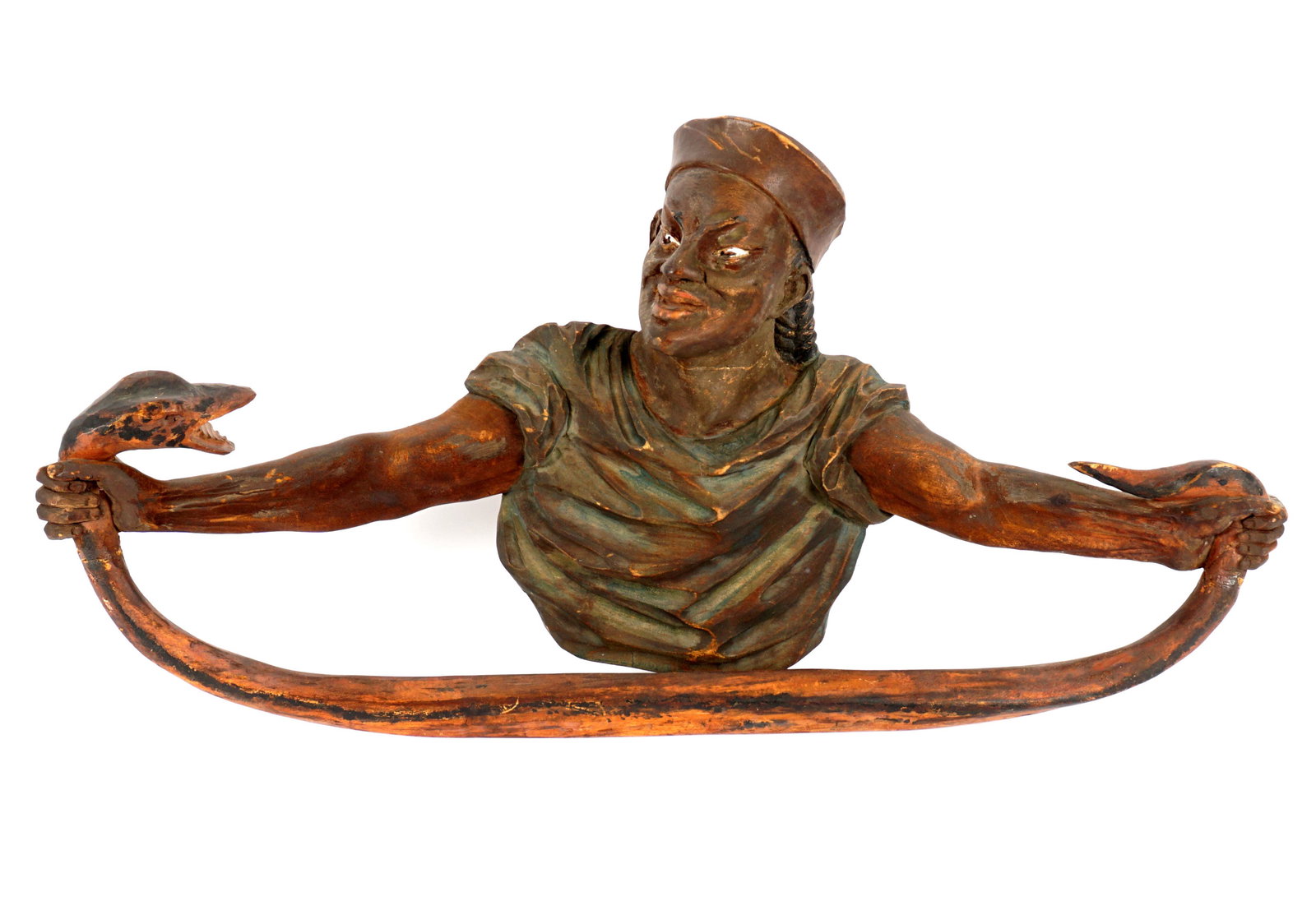 Antique Venetian/Italian Chinaman & Snake Towel Holder: Italian, most likely Venetian, carved and polychrome decorated figure of a Chinese man holding a snake as towel rack. Overall 13.5" h. x 25.75" x 4". Condition: Chips and wear to decoration.