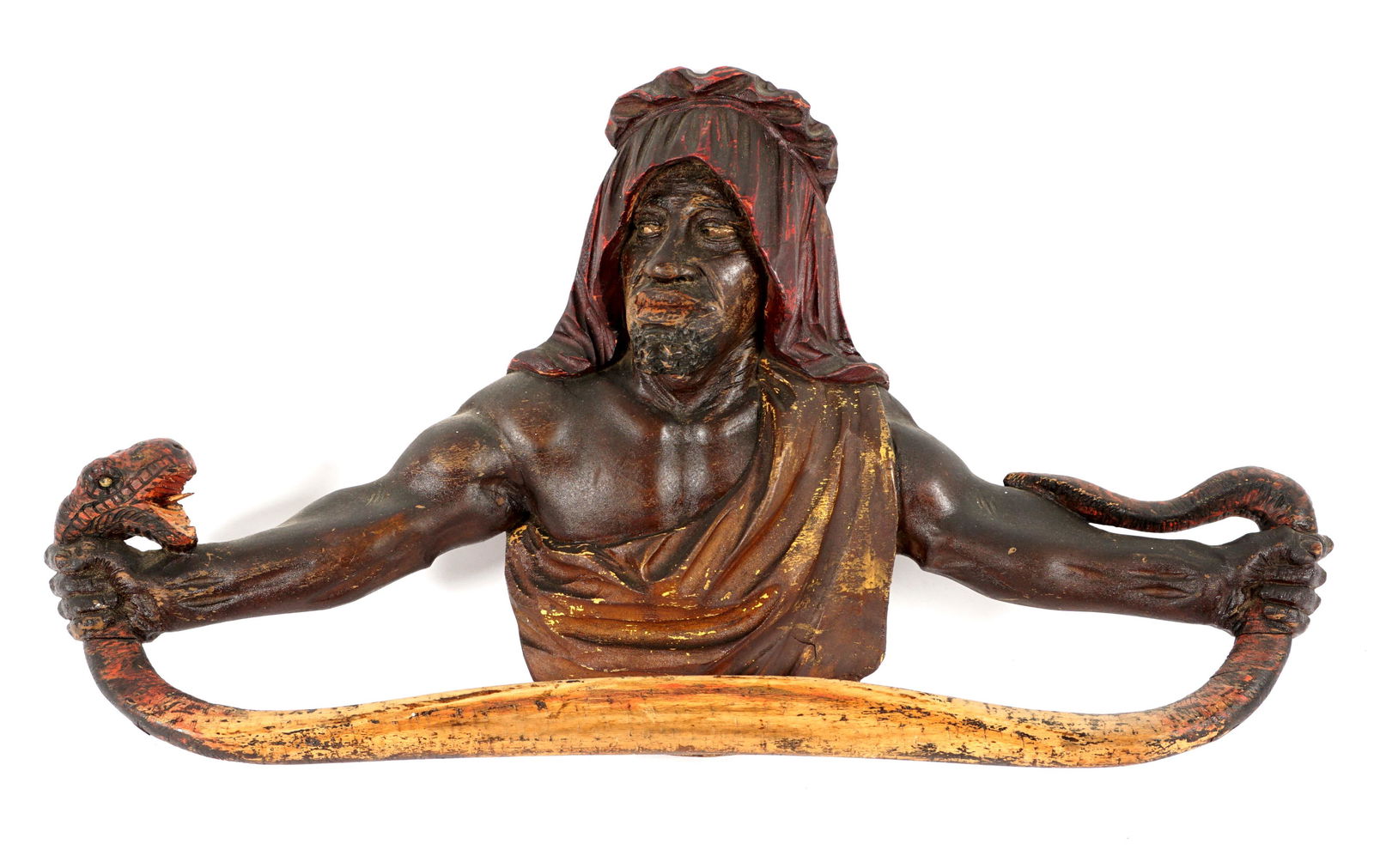 Antique Venetian/Italian Arab & Snake Towel Holder: Italian, most likely Venetian, carved and polychrome decorated figure of a Arab / Blackamoor man holding a snake as towel rack. Overall 13.5" h. x 25.75" x 4". Condition: Chips and wear to decoration.