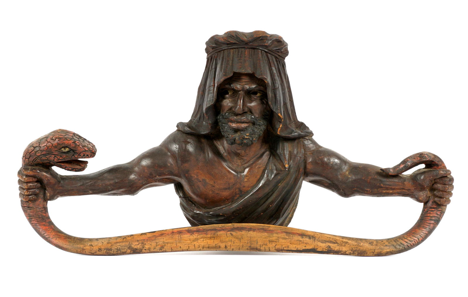 Antique Venetian/Italian Arab & Snake Towel Holder: Italian, most likely Venetian, carved and polychrome decorated figure of a Arab / Blackamoor man holding a snake as towel rack. Overall 13.5" h. x 25.75" x 4". Condition: Chips and wear to decoration.