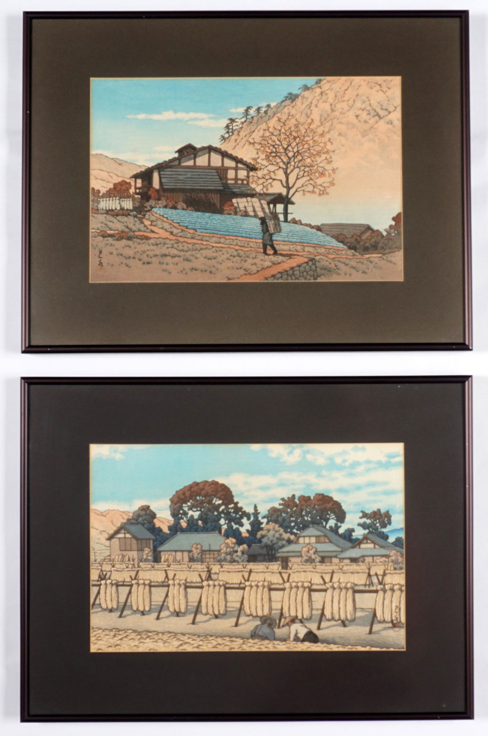 Two Kawase Hasui Landscape Woodblock Prints: HASUI, Kawase, (Japanese, 1883-1957): Two woodblock prints on paper, two include 1) "Kanago Village", sight size 9.25" x 14", framed 15.5" x 20.25". 2) "Kawarhata, Gunma Prefecture", sight size 9.25"