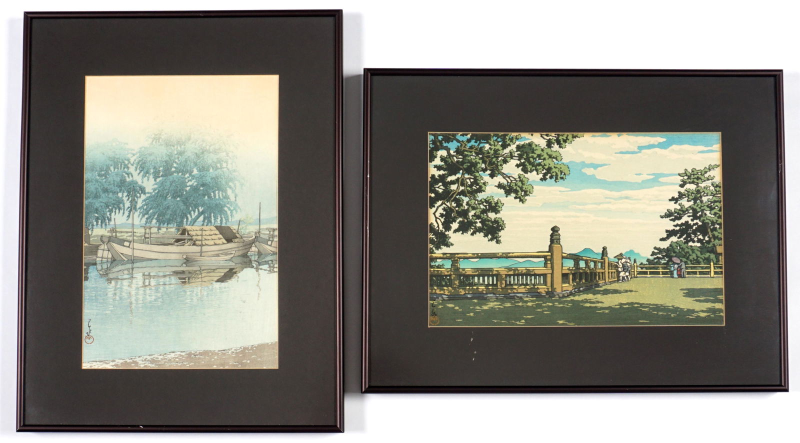 Two Kawase Hasui Framed Woodblock Prints: HASUI, Kawase, (Japanese, 1883-1957): Two woodblock prints on paper, publisher marks in margins, to include 1) "Morning in Tsuchira", sight size 14" x 9.25", framed 20.25" x 15.5". 2) "Konpira Shrine