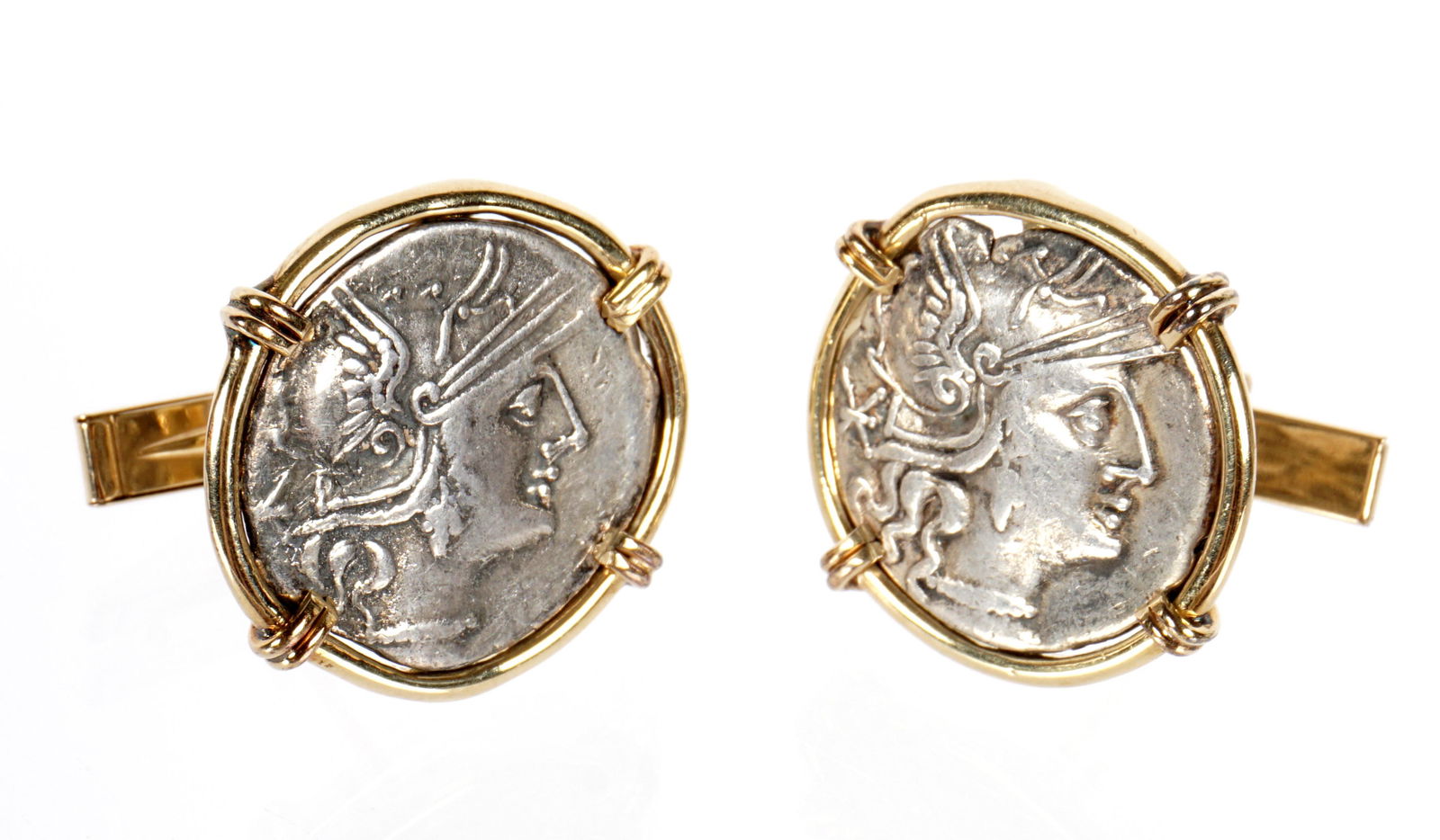 Pair 14k Gold and Ancient Coin Cufflinks: Pair ancient Greek silver coins set in 14k yellow gold cufflinks, coins 20mm dia, approx. 17 grams inclusive.