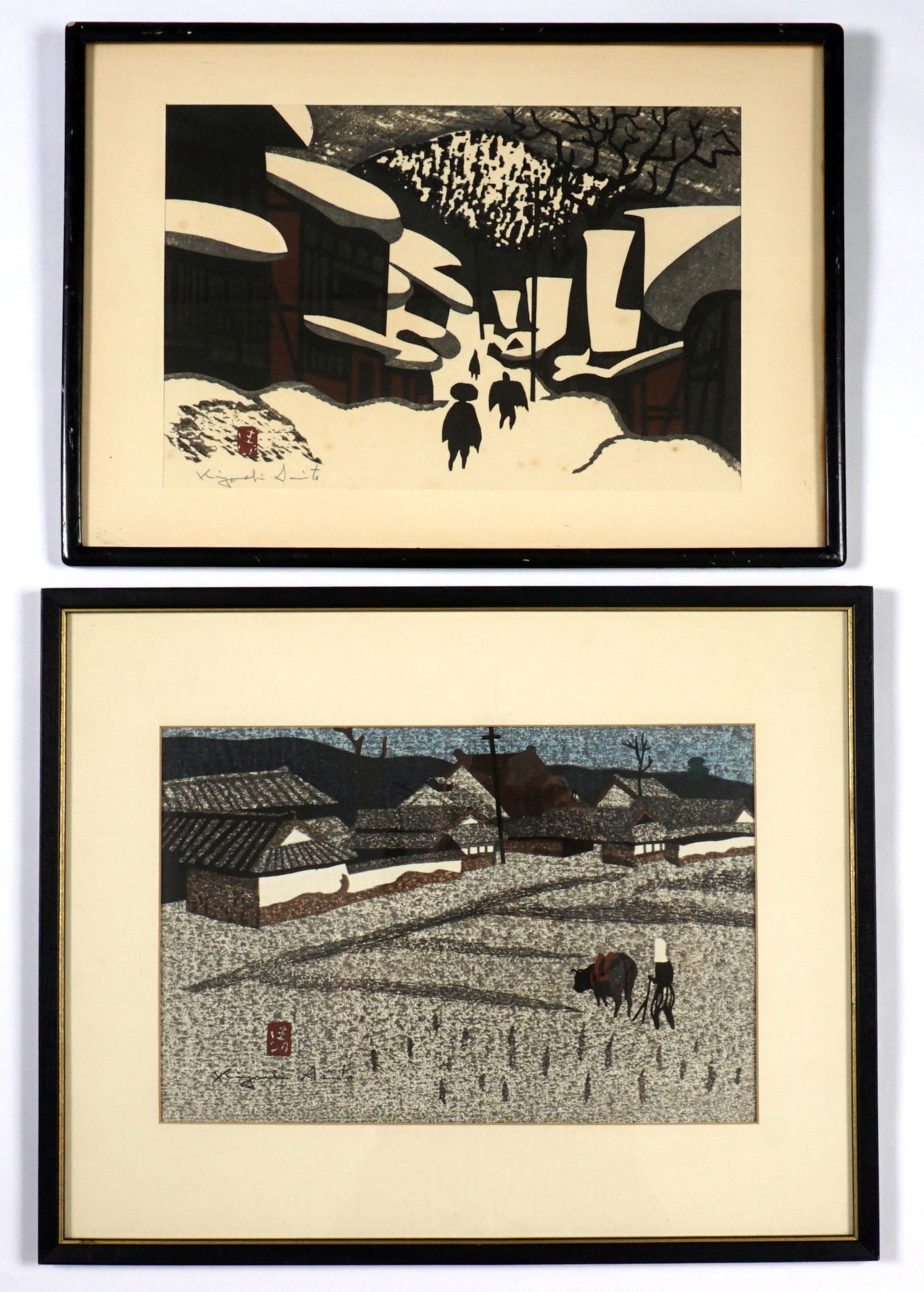Two Kiyoshi Saito Woodblock Prints: SAITO, Kiyoshi, (Japanese, 1907-1992): Two woodblock prints on paper, to include 1) "Summer in Aizu", figure plowing field, sight size 10' x 15", framed 17" x 21". 2) "Winter in Aizu", sight size 9.75