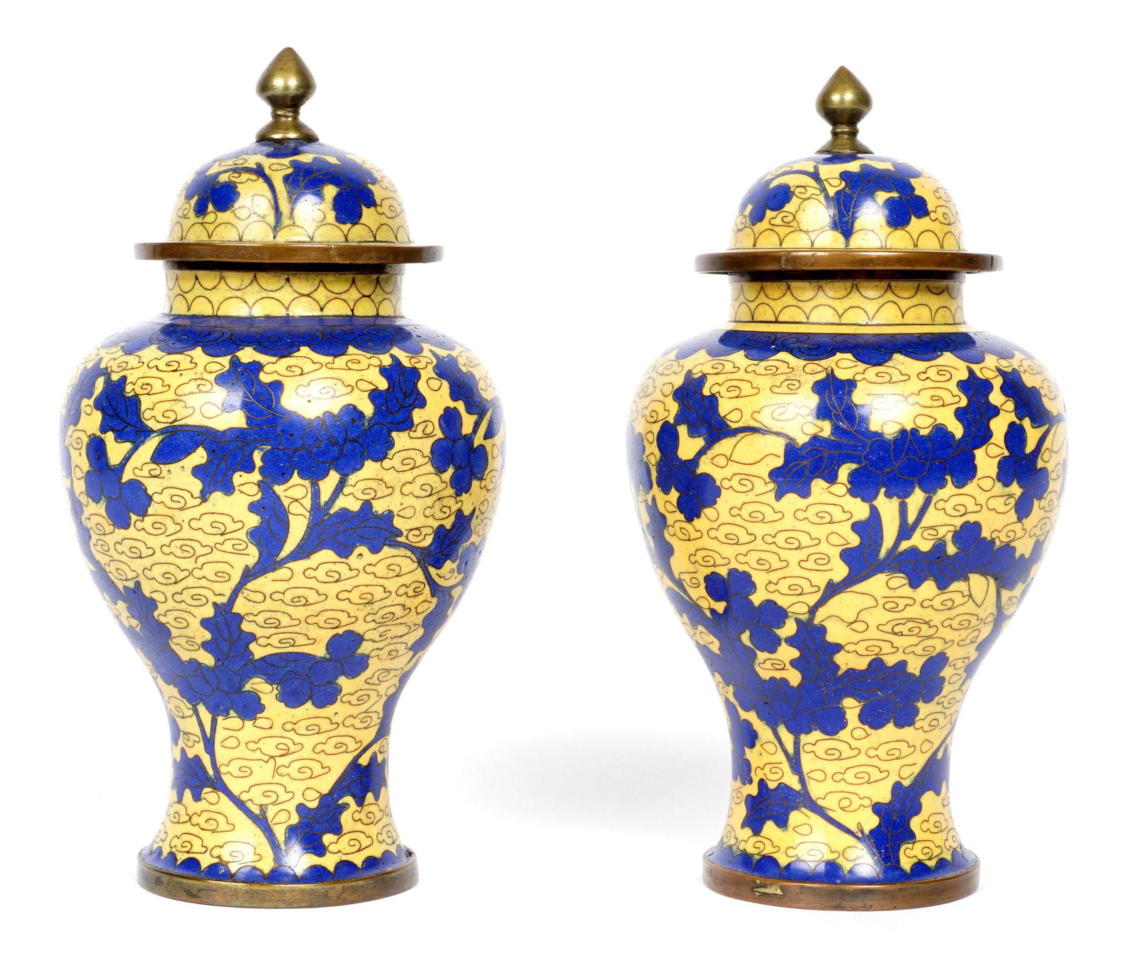 Pr Chinese Republic Period Cloisonne Covered Jars: Baluster form jars, yellow ground with smoky clouds, blue foliate motifs, stamped China on base. Overall 7.25" h. x 4". Overall condition excellent with no dings, dents, or repairs.