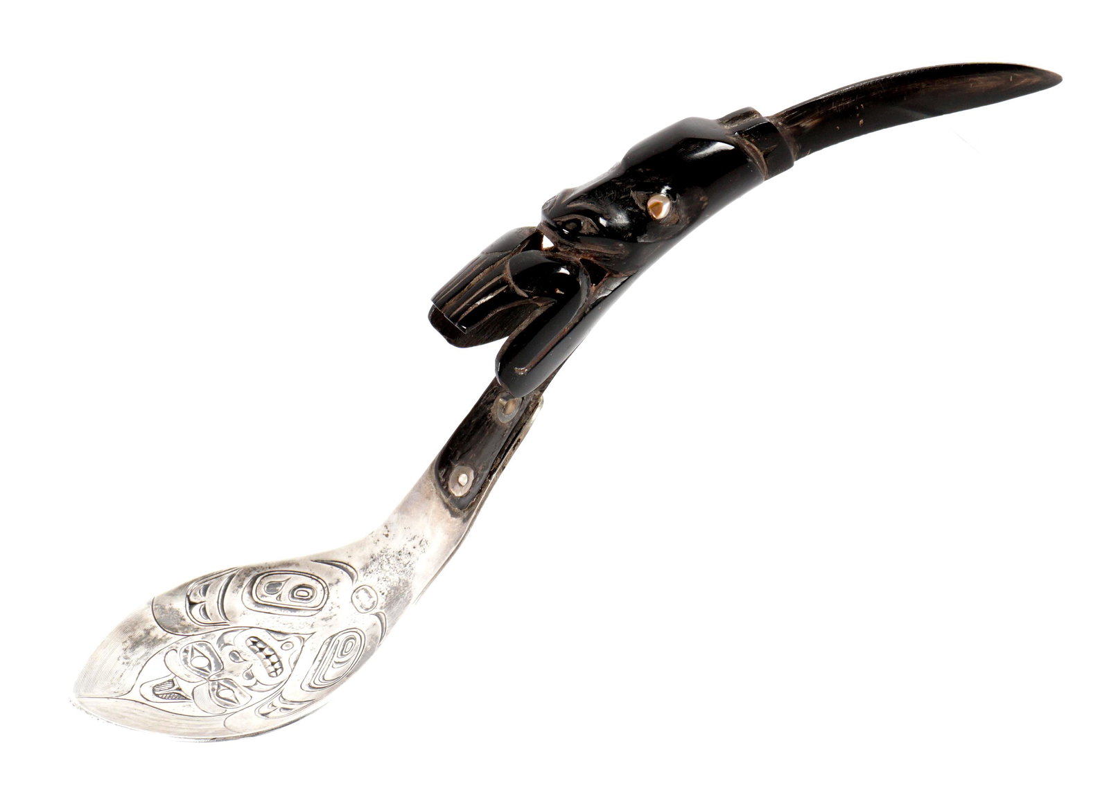 Derek Wilson Haida Carved Horn & Silver Spoon: Northwest Coast Haida spoon, carved horn creature handle, engraved silver bowl, stamped DW underneath bowl. 8" long.