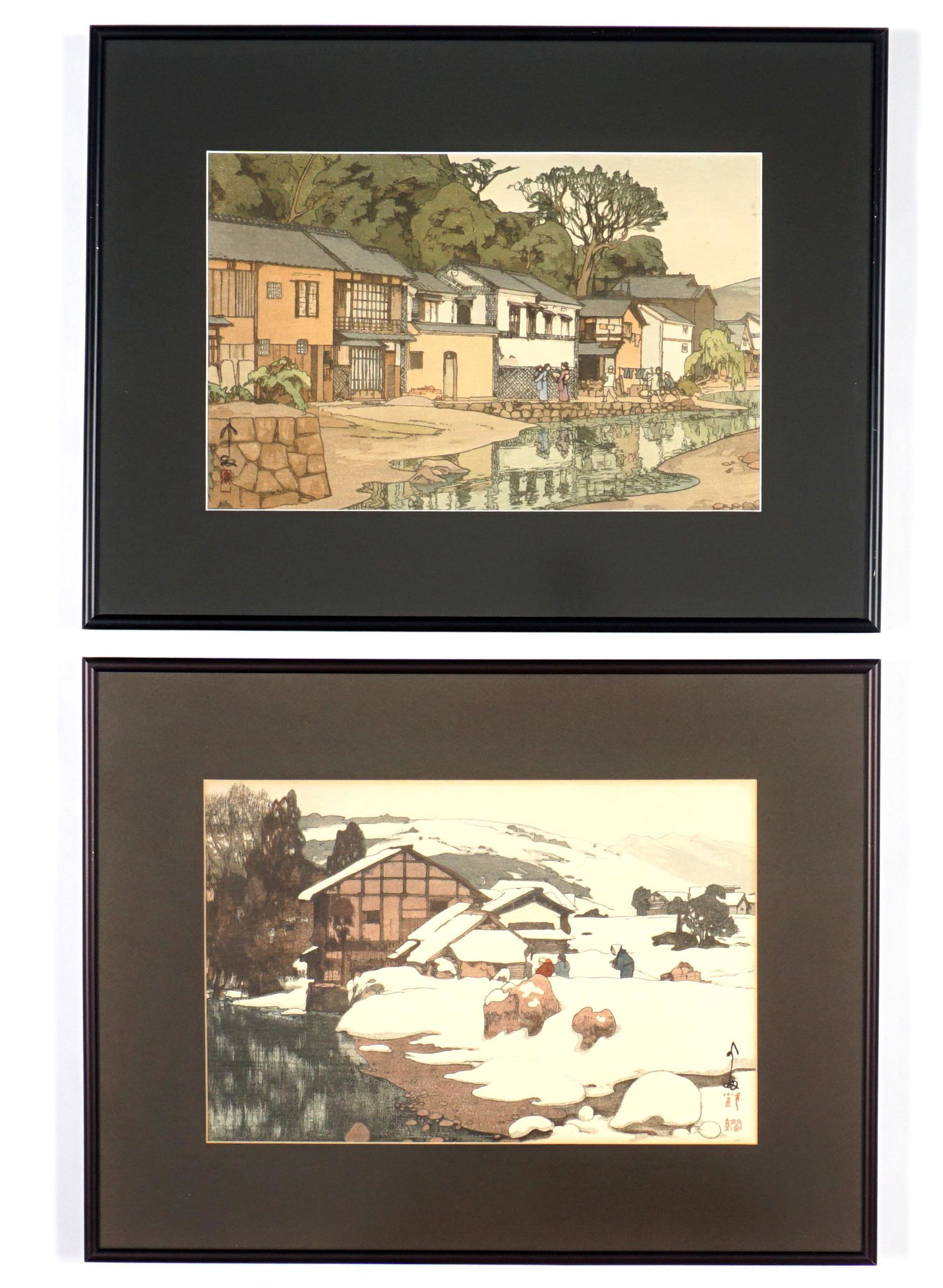 2 Hiroshi Yoshida Woodblocks Chugoku & Kashiwabara: YOSHIDA , Hiroshi, (Japanese, 1876-1950): Two woodblock prints on paper to include 1) "Small Town in Chugoku", sight size 9" x 14", framed 15.25" x 20.25". Missing glass in frame 2) "Snow in Kashiwaba