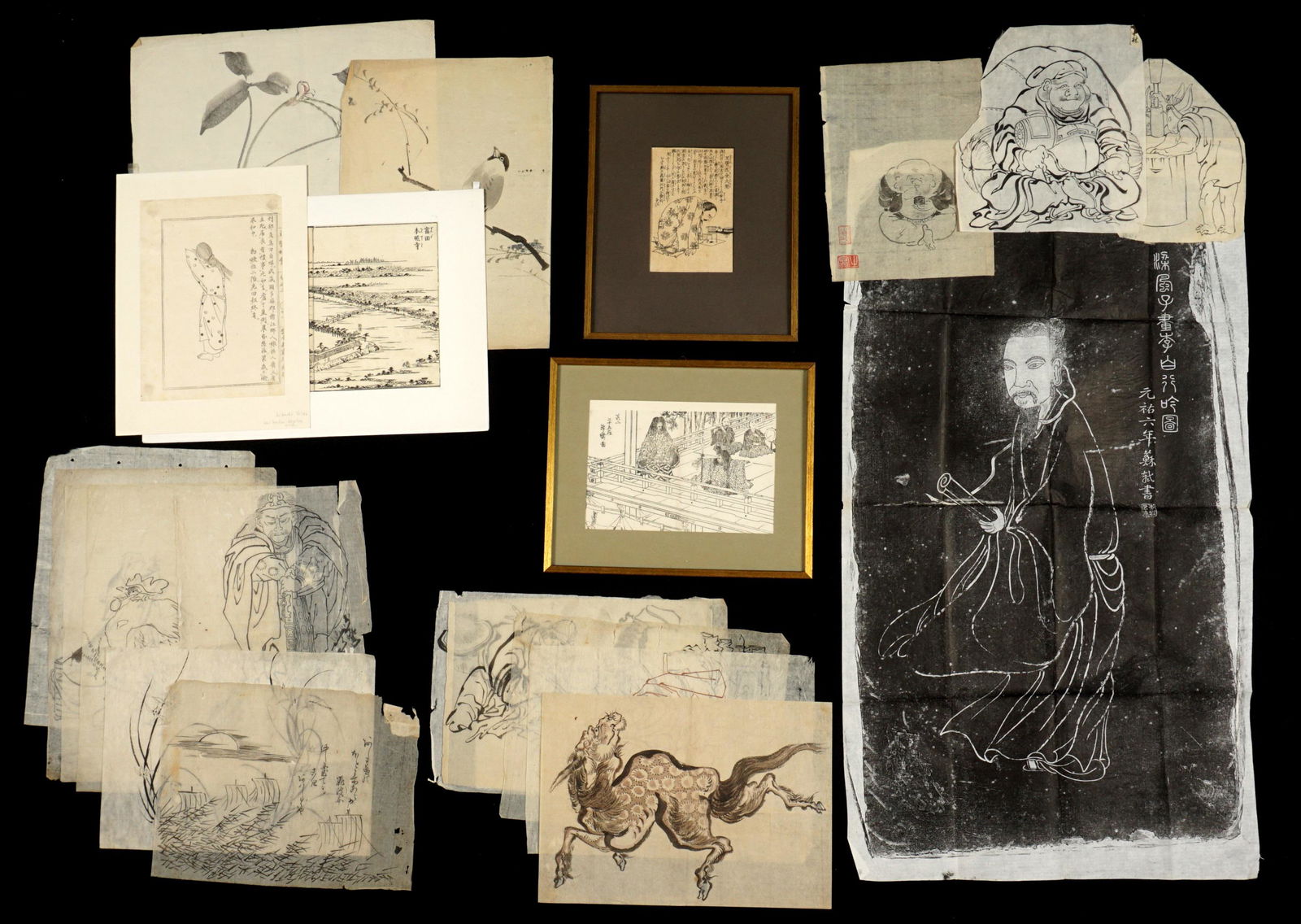 Collection of Japanese Drawings: Approx. 23 loose assorted watercolor/pen/paper drawings by assorted artists. Largest measures 36" x 19.5". Sold with 2 framed drawings, largest sight size 6.5" x 9", framed 10.5" x 13". Condition: Fol