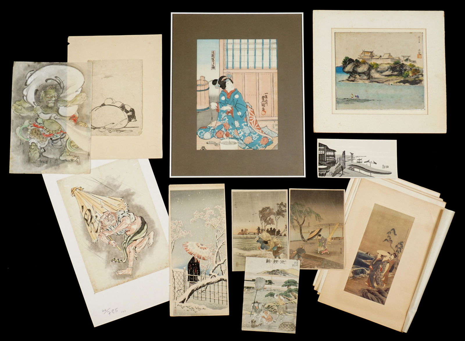 Japanese Woodblock, Watercolors, and Prints: An assembled collection of 13 pieces total to include a woodblock, several original watercolors, one watercolor on paper laid on metal plate, several prints. Largest woodblock sight size 13.25" h. x 9