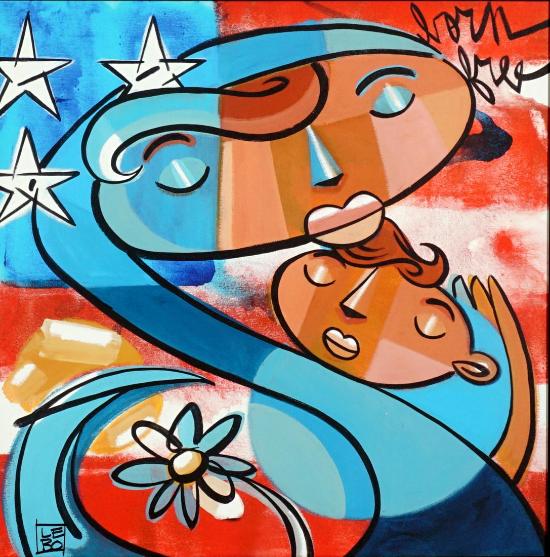 LEBO David Le Batard Mother and Child Giclee: LE BATARD, David, aka LEBO, (American, 20th Century): "Mother and Child - Let Freedom Ring", Giclee/Canvas, signed lower left, numbered veso, 23" x 23", framed 30.5" x 30.5". Sold with COA and apprais