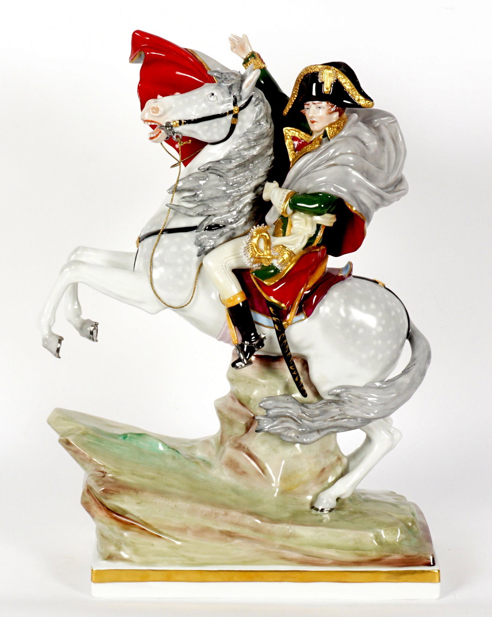 Large Sitzendorf Napoleon on Horseback Figurine: Figure of Napoleon on rearing horse porcelain figurine, marked with Sitzendorf mark on base, overall 16.75" h .x 12" x 6". No chip, cracks, or repairs noted.