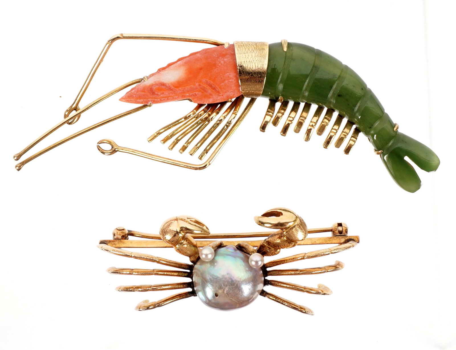 Two 14k Gold Shrimp & Crab Pins: Two pieces total to include 1) Crab with pearl body and eyes, stamped 14k, 2" wide. Note crack to body pearl. 2) Shrimp with green jade body and coral head, stamped 14k, 3" long. Approx. 23 grams incl