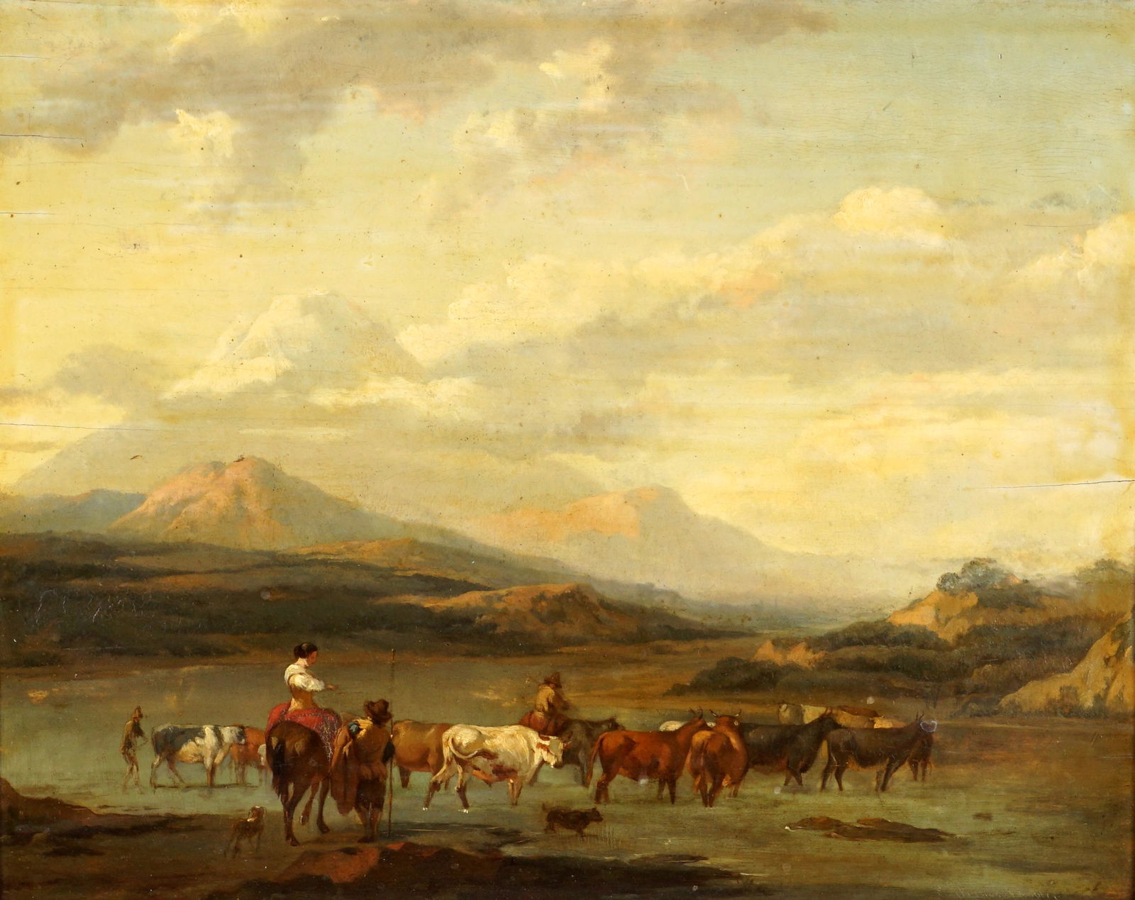 Eugene Verboeckhoven Landscape with Cows: VERBOECKHOVEN, Eugene, (Belgian, 1798-99-1881): Landscape with figures herding cows, Oil/Panel, incised signature lower right, 12.75" x 16", gilt frame 18.5" x 21.75". Condition: Splits to board, inpa