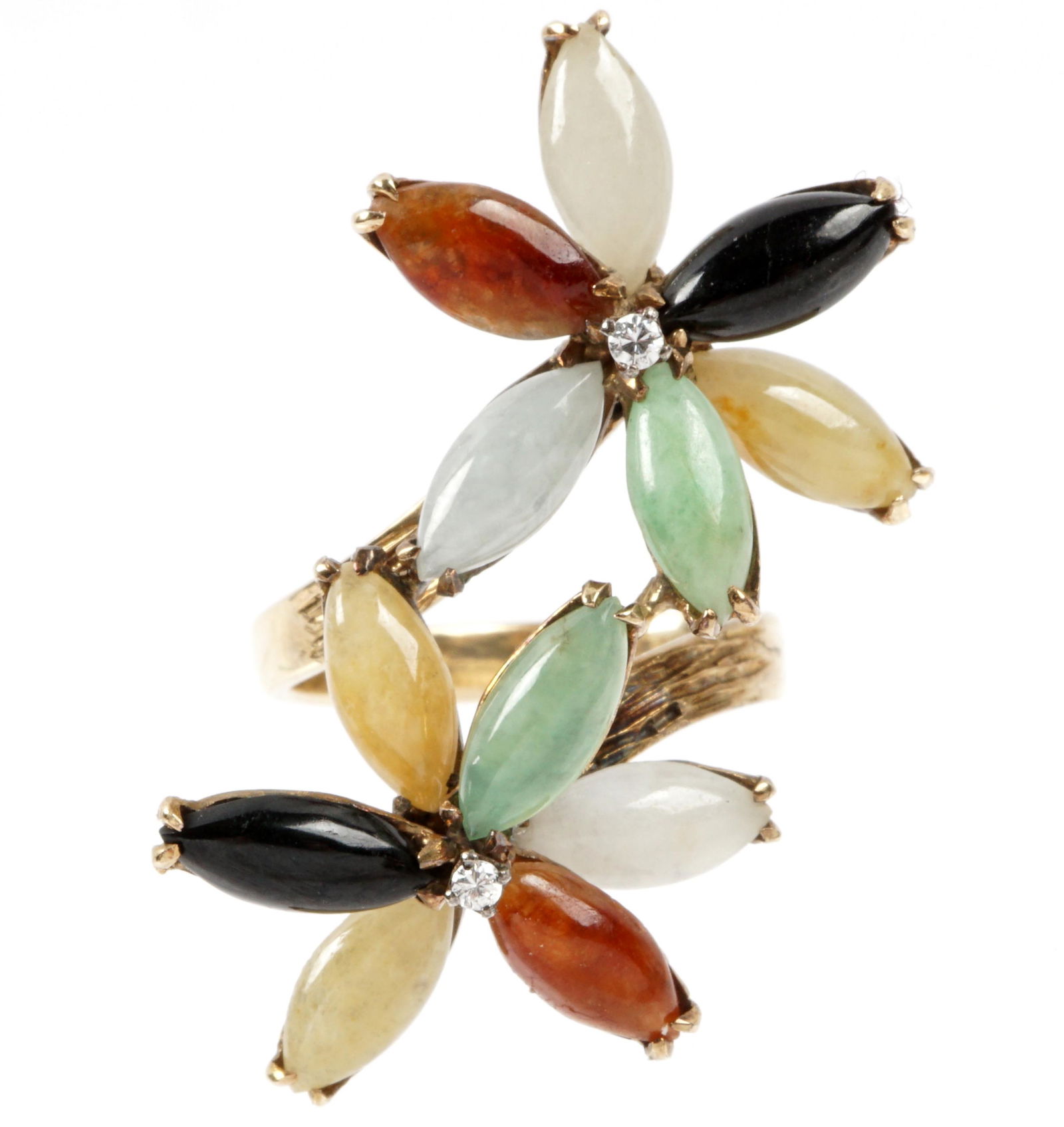 14k Yellow Gold Multi Jade Floriform Ring: 14k yellow gold band with two 6 petal multi color jade flowers, small accent diamond in center of each, approx. 7 grams, size 5.5.