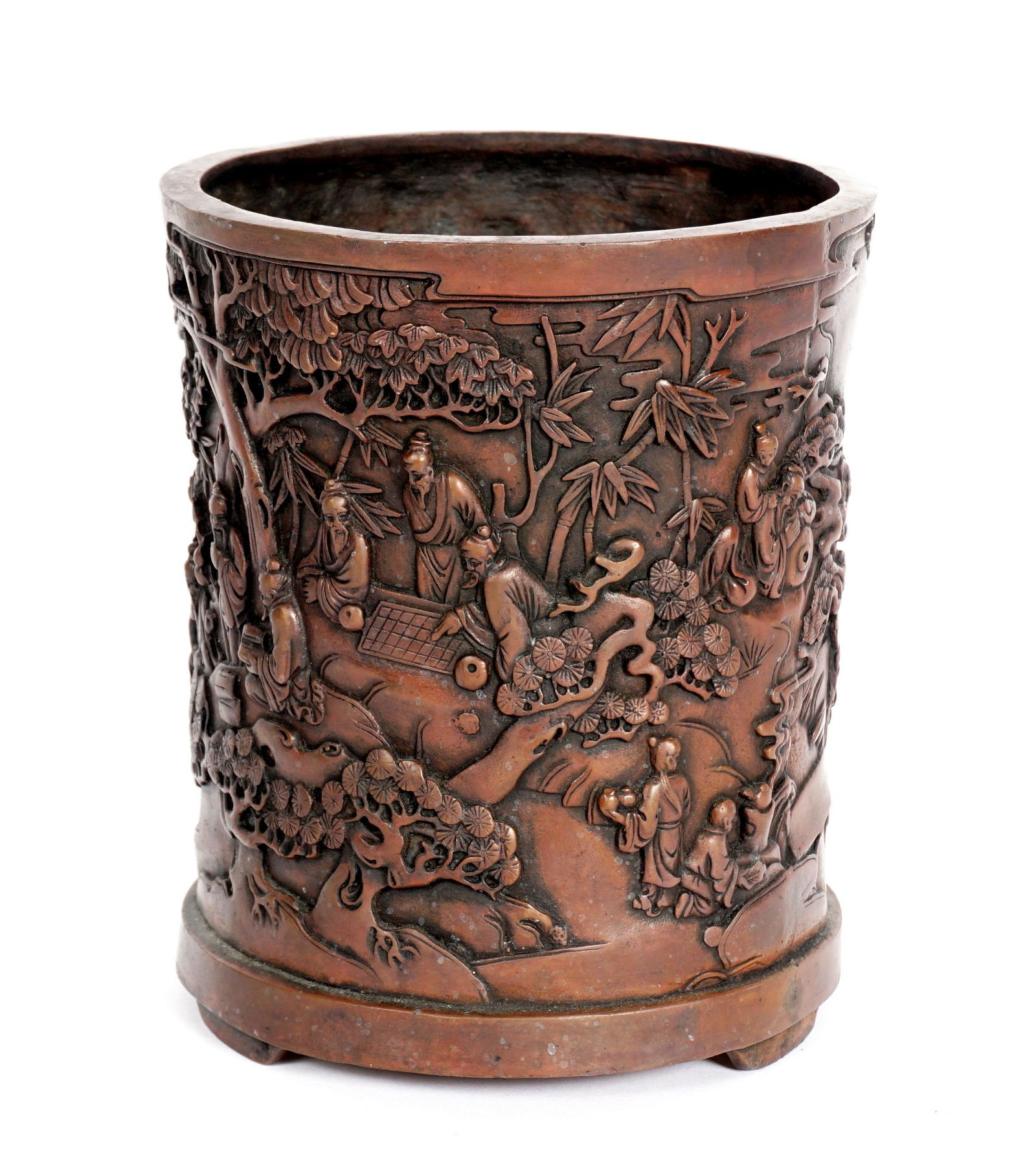 Chinese Bronze Brush Pot: Cast bronze brush pot, raised outdoor genre scene in the round with scholars, maidens, and attendants in landscape. Four character mark on base, overall 6.75" h. x 5.75" dia.