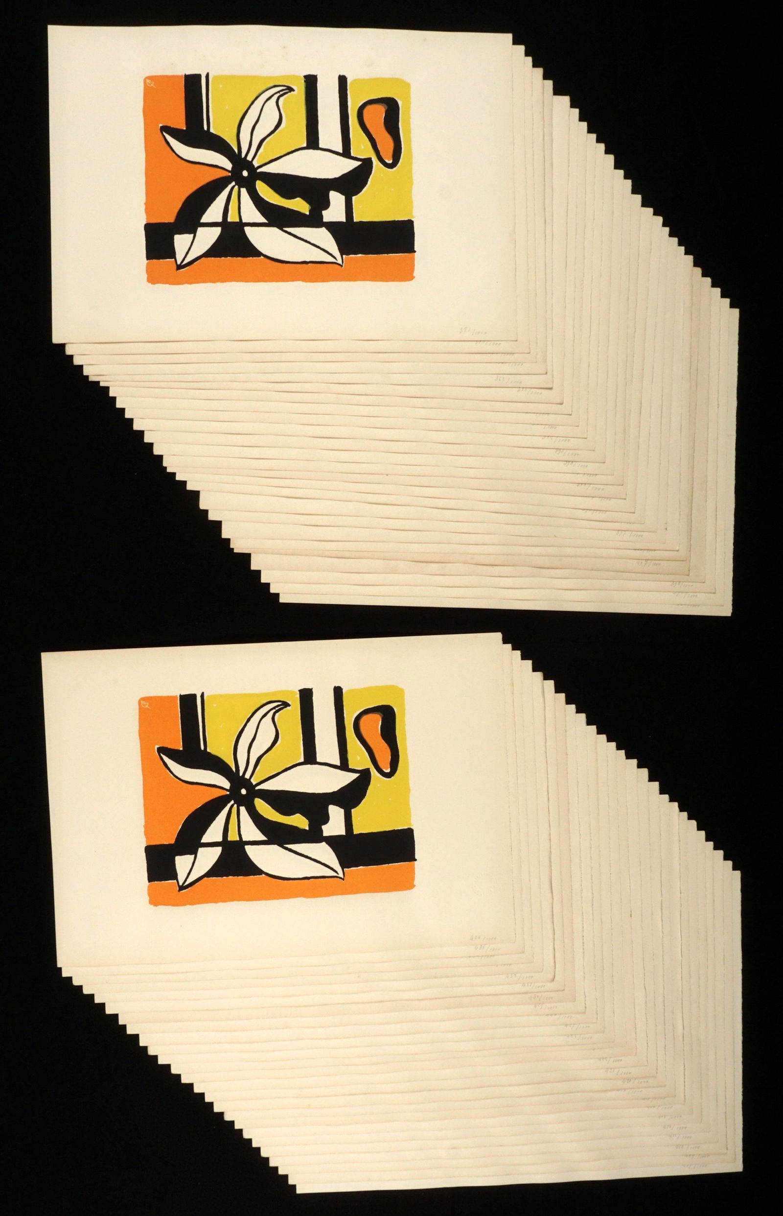 50 Fernand Leger Fond Verte Flower Serigraphs: LEGER, Fernand, (French, 1881-1955): "Fond Verte", Serigraph in colors on Arches paper, signed in the plate, F. Leger Blind stamp, from the series of 1000, various numbers, 15" x 22". Condition: Tonin