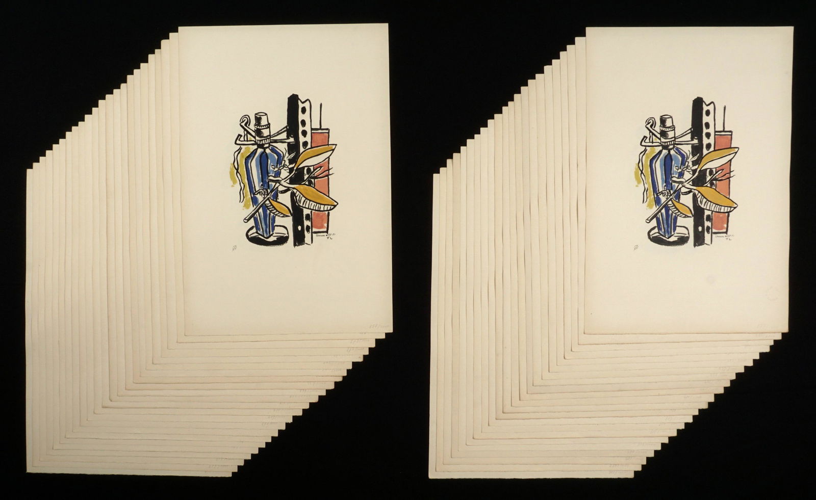 45 Fernand Leger Vase Bleu Serigraphs: LEGER, Fernand, (French 1881-1955): "Vase Bleu" , Serigraph in colors on Arches Paper, signed in the plate, F. Leger blind stamp, from the series of 1000, varying numbers, 22" x 15". Condition: Toning