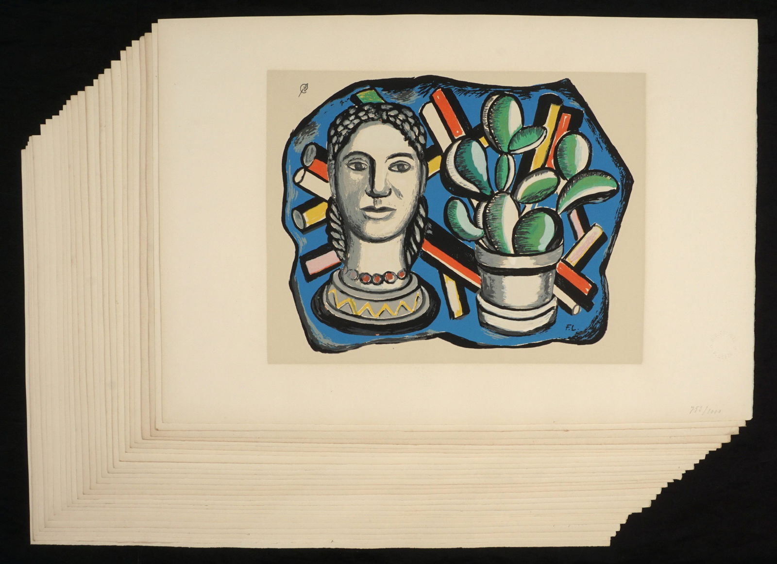 25 Fernand Leger Tete Et Cactus Serigraphs: LEGER, Fernand, (French, 1881-1955): "Tete Et Cactus", Serigraph in colors on Arches paper, signed in the plate, F. Leger Blind stamp, from the series of 1000, varying numbers, 15" x 22". Condition: T
