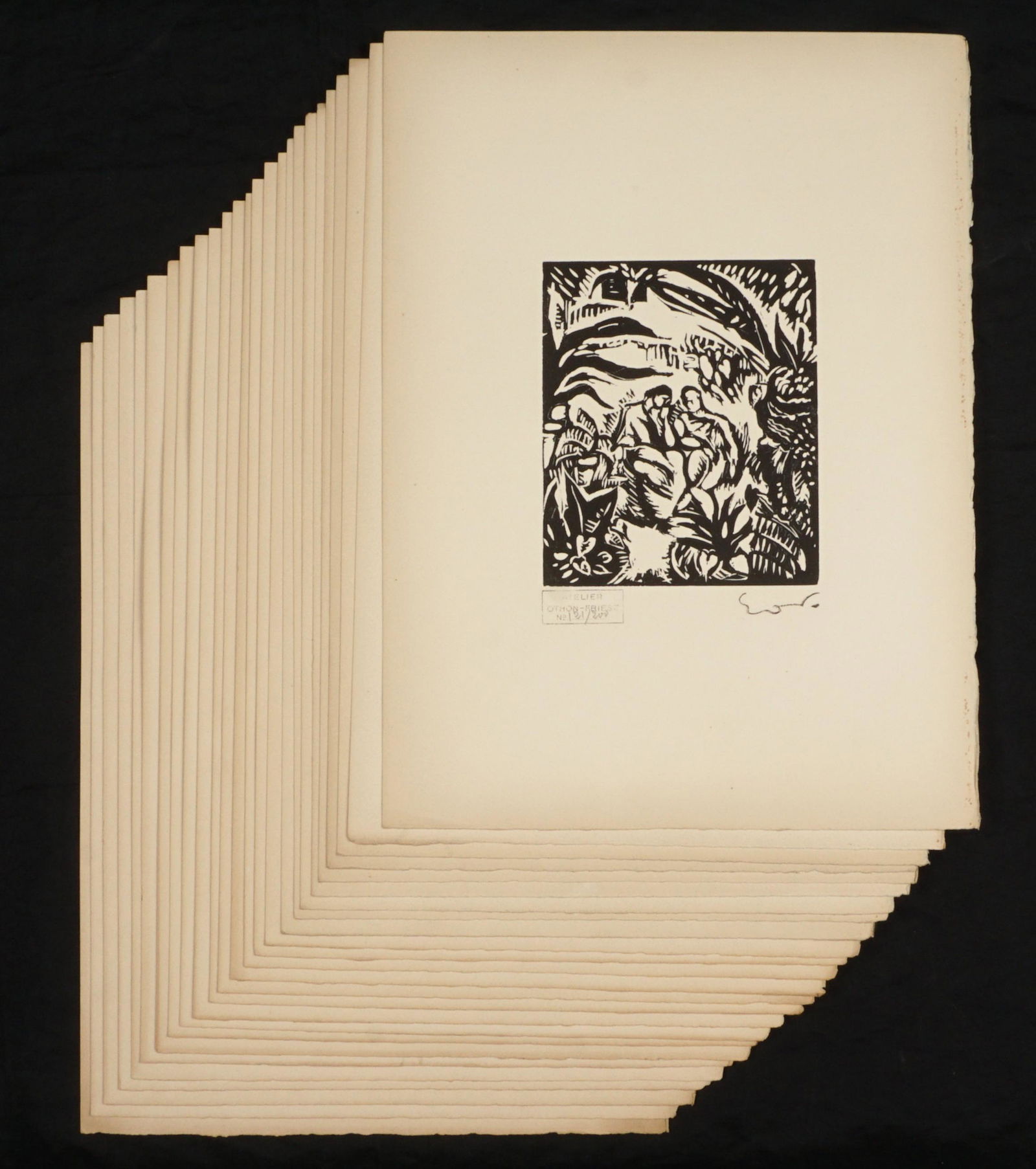 25 Achille Othon-Friesz Idyll Woodblock Prints: OTHON-FRIESZ, Achille Emile, (French, 1879-1949): "Idyll", Woodblock on Paper, signed in the plate, Atlier Othon-Friesz stamp, from an edition of 200, varying numbers, image size 6" x 5", page size 15