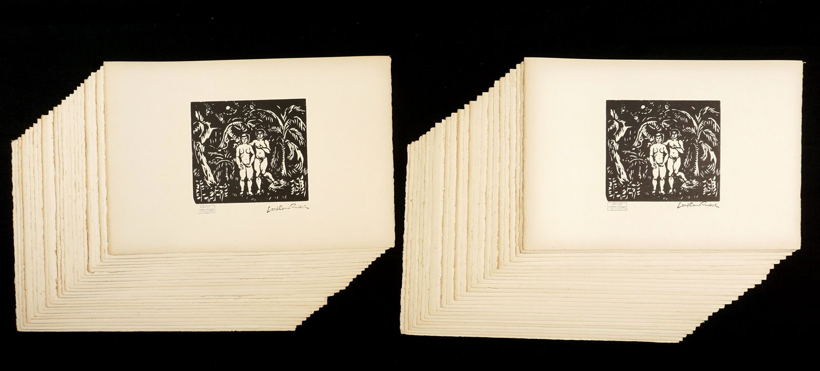 50 Othon Friesz Adam and Eve Woodblock Prints: OTHON-FRIESZ, Achille Emile (French 1879-1949): "Le Paradis", figures of Adam and Eve, Woodblock Print in black and white, signed in the plate, from the edition of 200, Atlier Othon-Friesz stamp, imag