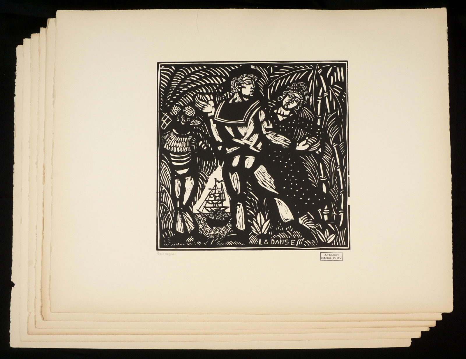 Six Raoul Dufy La Danse Woodcuts: DUFY, Raoul, (French, 1877-1953): "La Danse", woodcut on paper, artists Atlier stamp lower right, all pencil inscribed "Bois Original" lower left, image size 12.5" x 12.5", paper size 19.75" x 25.25".