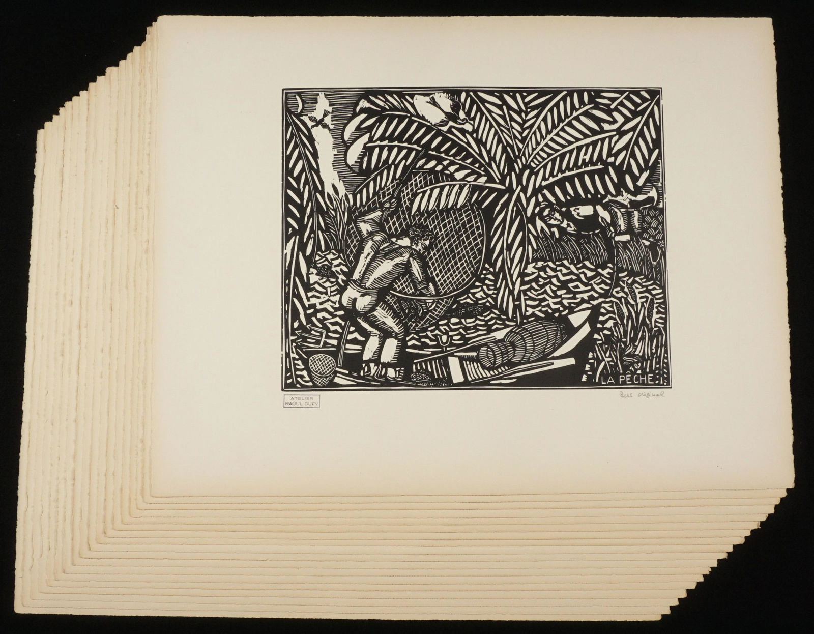 18 Raoul Dufy La Peche Woodcut Prints: DUFY, Raoul, (French, 1877-1953): "La Penche", Woodcut on Paper, Atelier Raoul Dufy stamp lower left, each pencil inscribed Bois Original lower left, image size 12.5" x 15.75", paper size 20" x 26". C