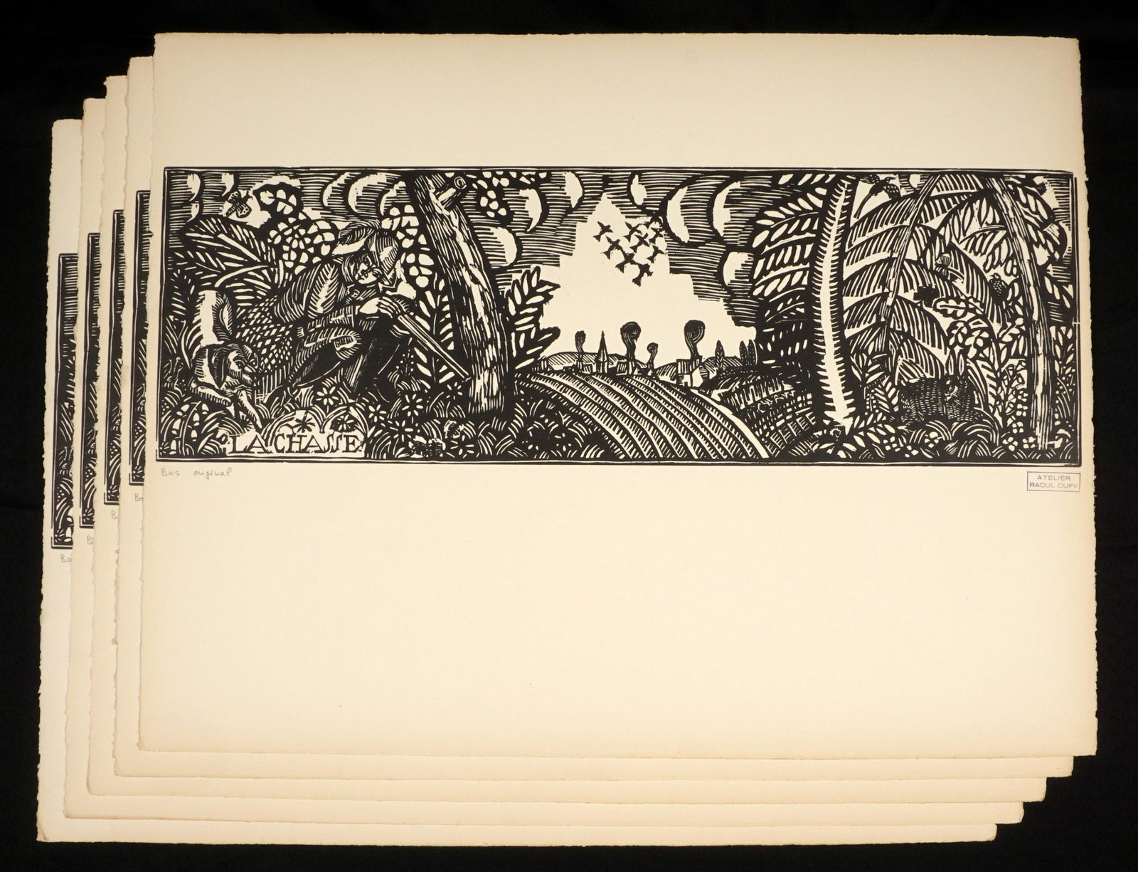 Five Raoul Dufy La Chasse Woodcuts: DUFY, Raoul, (French, 1877-1953): "La Chasse", woodcut on paper, artists Atlier stamp lower right, all pencil inscribed "Bois Original" lower left, image size 8.25" x 25", page size 20" x 25.75". Cond
