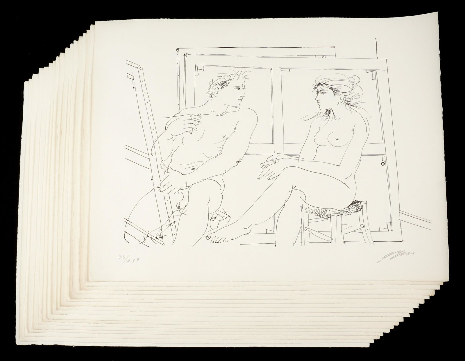 Seventeen Hans Erni Nude and Artist Lithographs: ERNI, Hans, (Swiss, 1909-2015): "Nude Artist and Model", Lithograph on Rives paper, pencil signed lower right, GG blind stamp, from an edition of 150, assorted numbers, measures 19.75" h. x 25.75".