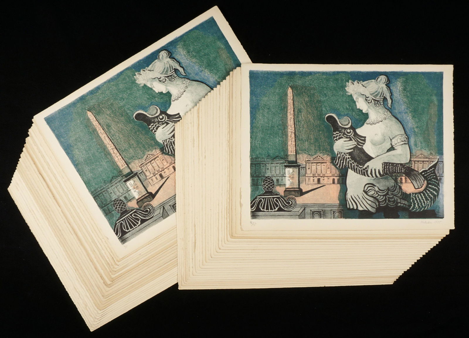 50 Alice Halicka Place de Concorde Lithographs: HALICKA, Alice, (Polish, 1895-1975): "Place de Concorde", Lithographs in Colors on Paper, pencil signed and dated 1955 lower right, nine form the roman numeral edition of 20, balance from an edition o
