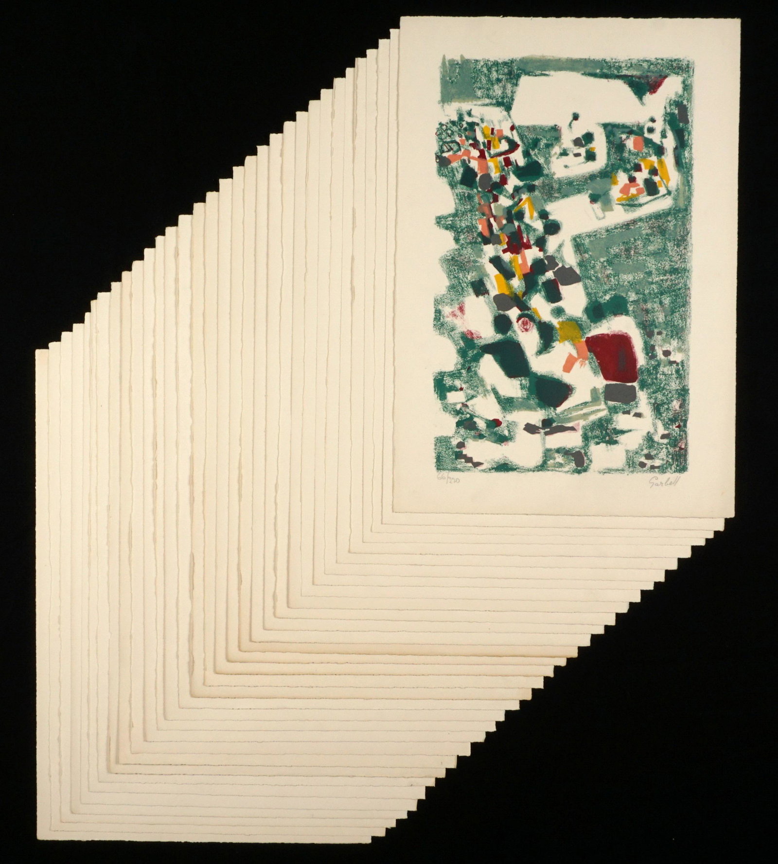 32 Alexandre Garbell Composition Lithographs: GARBELL, Alexandre, (French, 1903-1970): "Composition", Lithograph in colors on BFK paper, pencil singed lower right, GG blind stamp, from an edition of 220, assorted numbers, measures 22" x 15". Cond