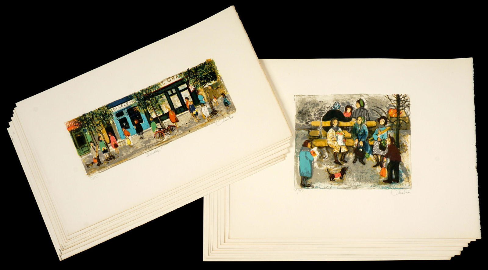 16 Nathalie Chabrier Le Banc L'oiseleu Lithographs: CHABRIER, Nathalie, (French, 1932-): Nine "Le Banc" lithographs in colors on Arches paper, pencil signed, from the edition of 150, GG blind stamp, image size8.75" x 10.75, paper size 16.5" x 22.5". Se