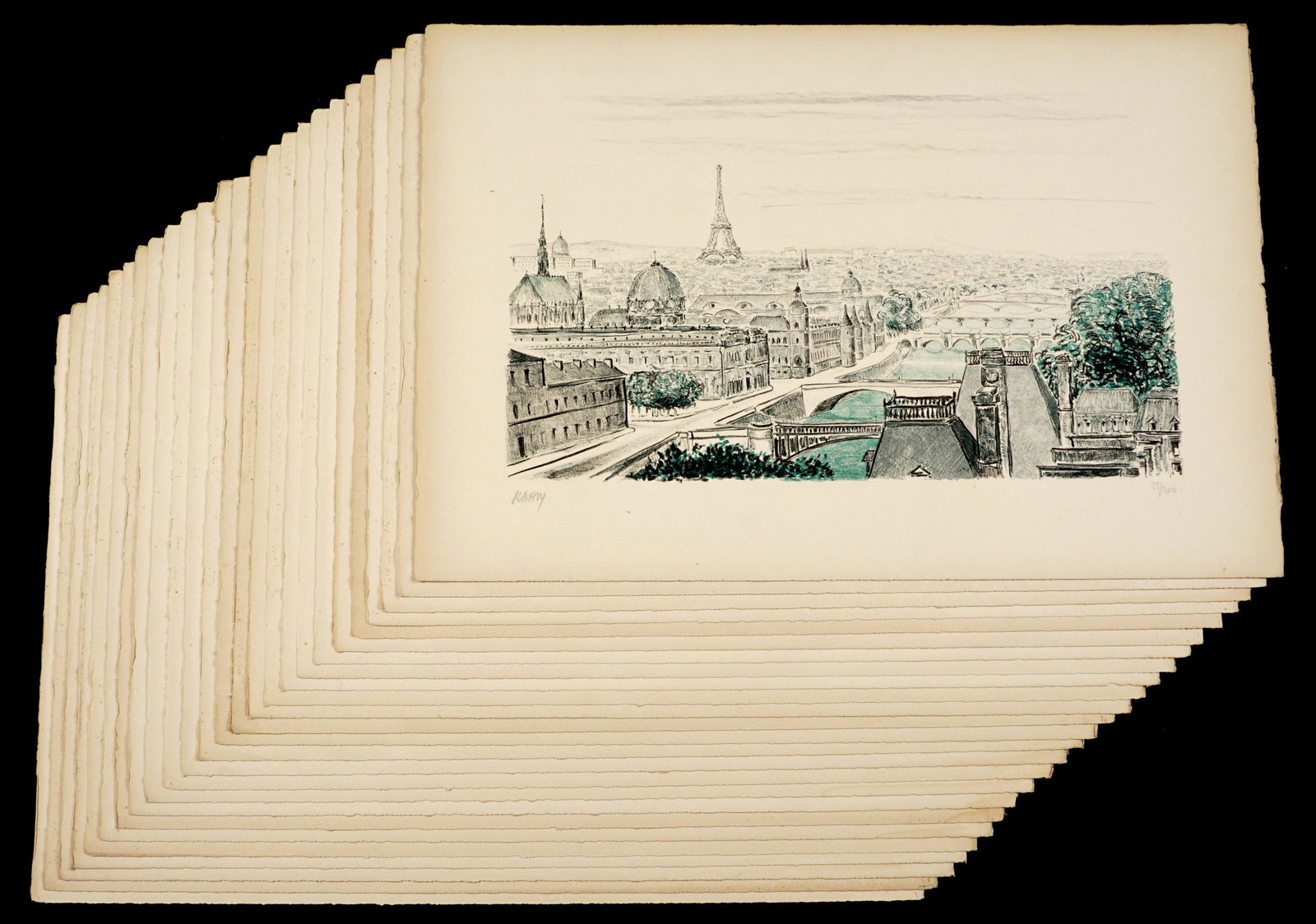 25 Robert Naly Paris Seven Bridges Lithographs: NALY, Robert, (Swiss, 1909-2015): "Paris and the Seven Bridges", Lithograph in colors on Arches paper, pencil signed lower left, from an edition of 200, Guilde de la Gravure blind stamp, image size 10