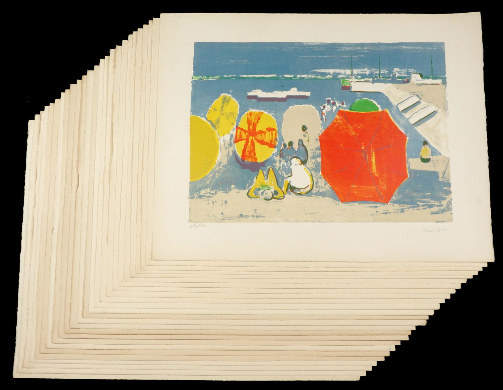 25 Pierre Palue Sur La Plage Lithographs: PALUE, Pierre, (French, 1920-2005): "Sur la Plage" beach scene, Lithograph in colors on Rives paper, pencil signed lower right, from the edition of 180, image size 14.5" x 20", paper size 19.75" 25.75