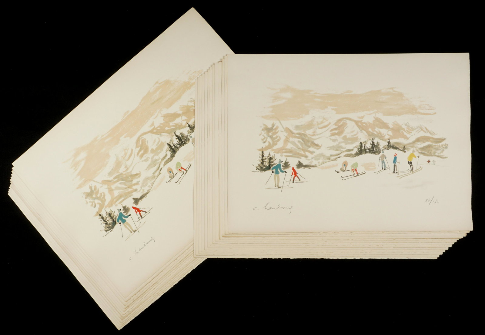 25 Andre Habourg Les Skiers Lithographs: HABOURG, Andre, (French, 1909-1999): "Les Skiers", Lithograph in colors on Arches paper, pencil signed lower left, from an edition of 150, image size 13.5" x 24.5, paper size 22" x 30". Condition: Ton