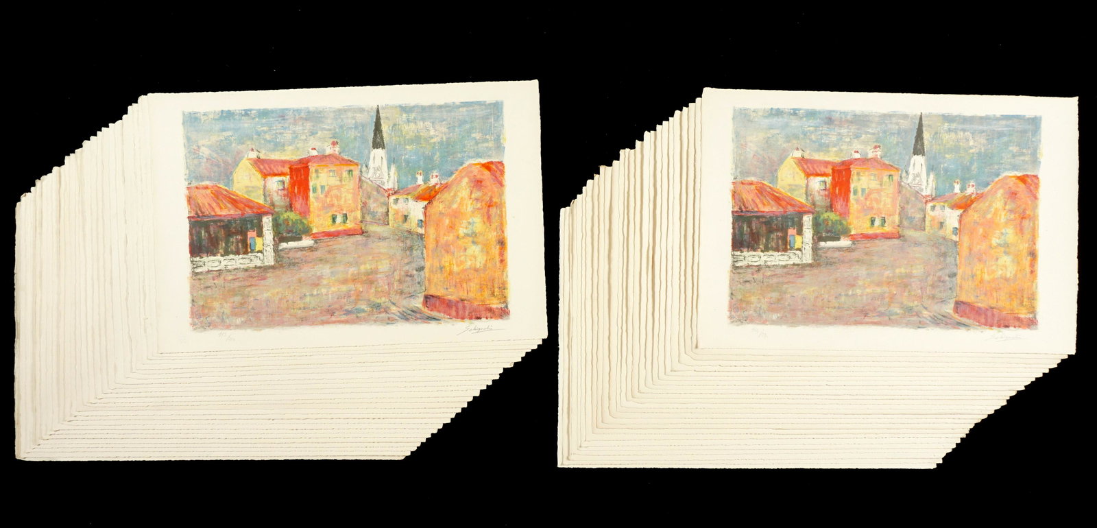 50 Shungo Sekiguchi Le Village Lithographs: SEKIGUCHI, Shungo, (Japanese, 1911-2002): "Le Village", Lithograph in color on Rives paper, pencil signed lower right, GG blind stamp, one from the Roman numeral edition of 30, the balance from an edi