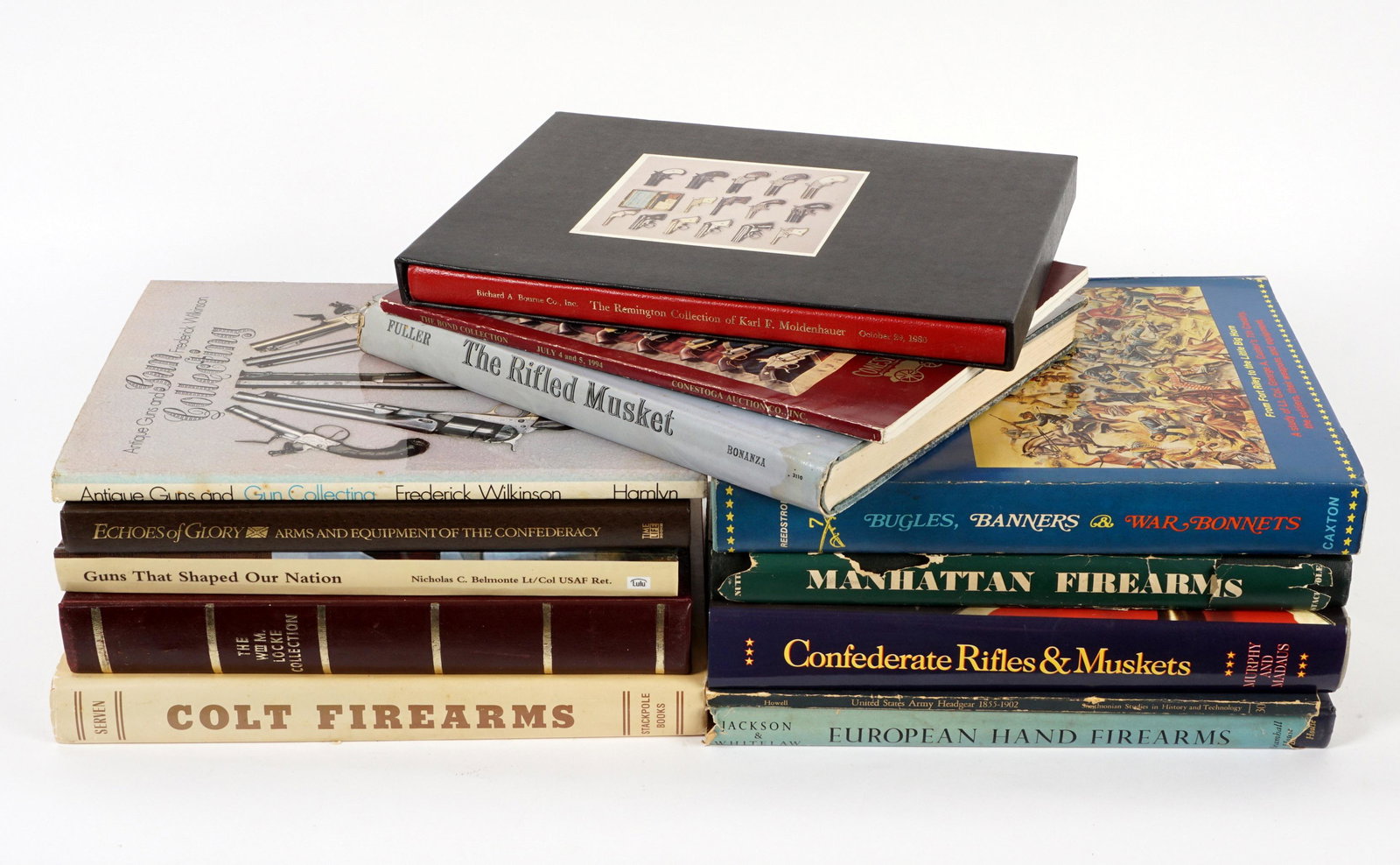 11 Antique Guns and Militaria Reference Books: 11 books total from the Estate of Donald Ball, noted Civil War sword and gun collector and dealer, to include 1) "Confederate Rifles and Muskets", John Murphy and Howard Michael Madaus, 1996. 2) "Manh