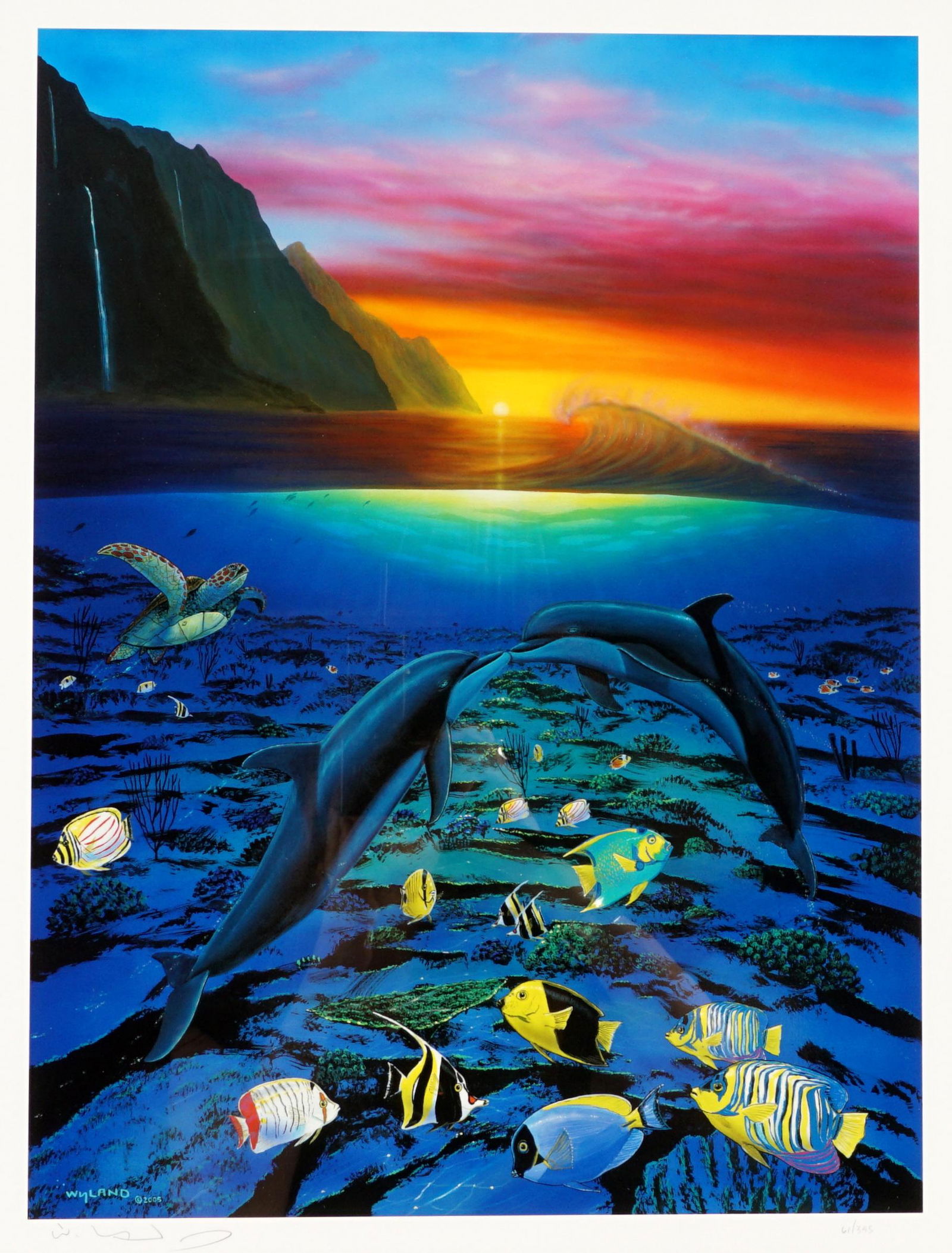 Robert Wyland Signed Kiss for the Sea Lithograph: WYLAND, Robert, (American, 20th Century): "Kiss for the Sea", Lithograph in colors, pencil signed lower left, numbered 61/395 lower right, singed and dated 2005 in the plate, sight size 21.5" x 16.75"