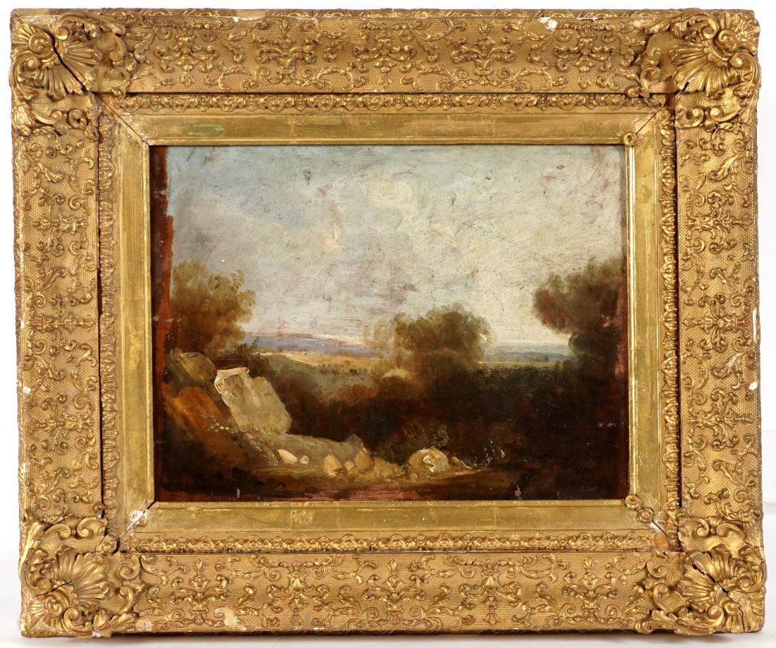 Manner of John Constable Double Sided Painting: Manner of CONSTABLE, John, (English, 1776-1837): Double sided Oil/Board, side one with romantic English landscape, appears to be a study of clouds at Hampton Heath with the house called The Salt Box i