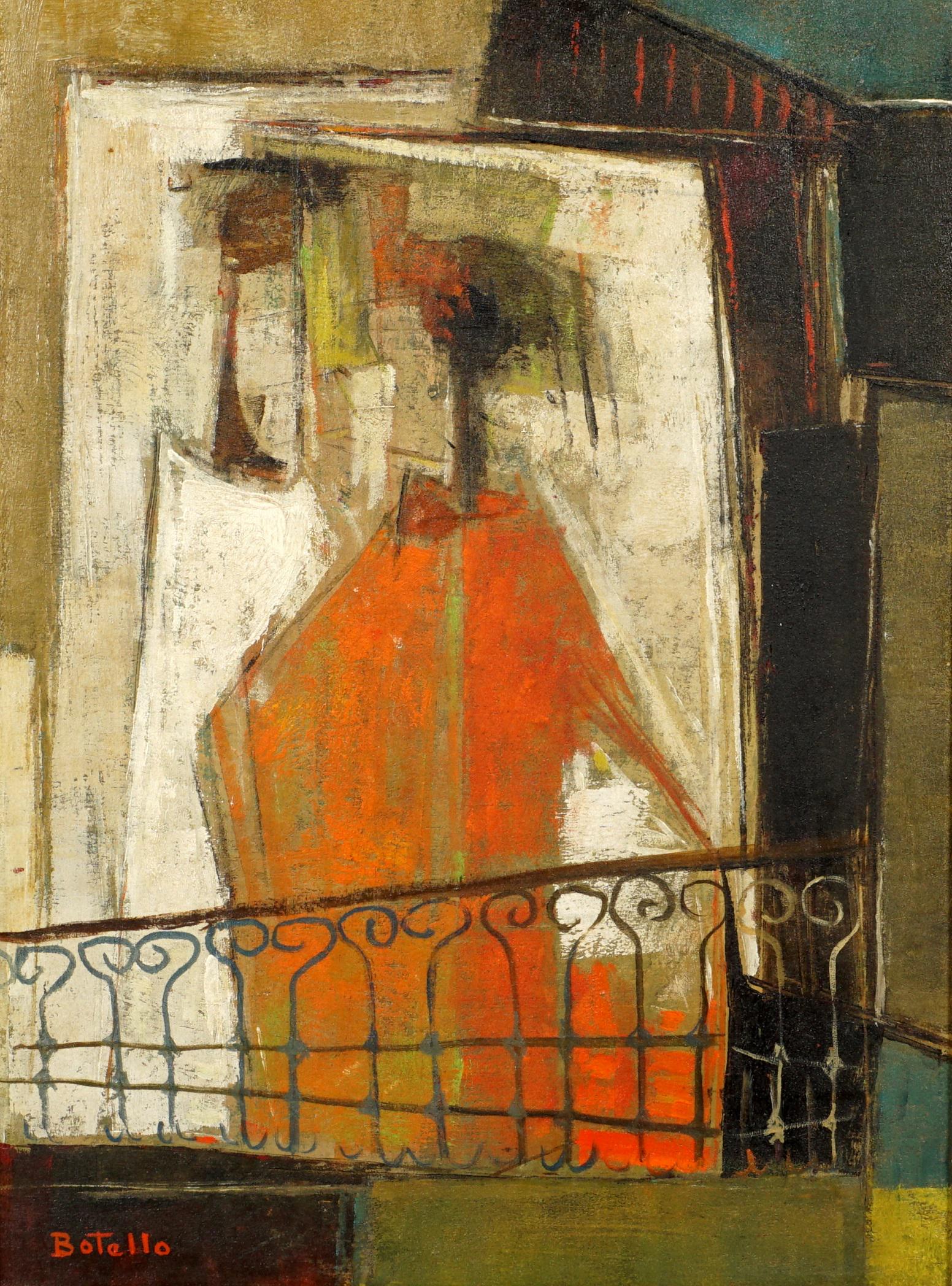 attrib. Angel Botello Figures on Balcony Abstract: attributed BOTELLO, Angel, (Puerto Rican, 1913-1986): Untitled figures standing on a balcony, Oil/Panel, signed lower left, 16" x 12", framed 25" x 21".
