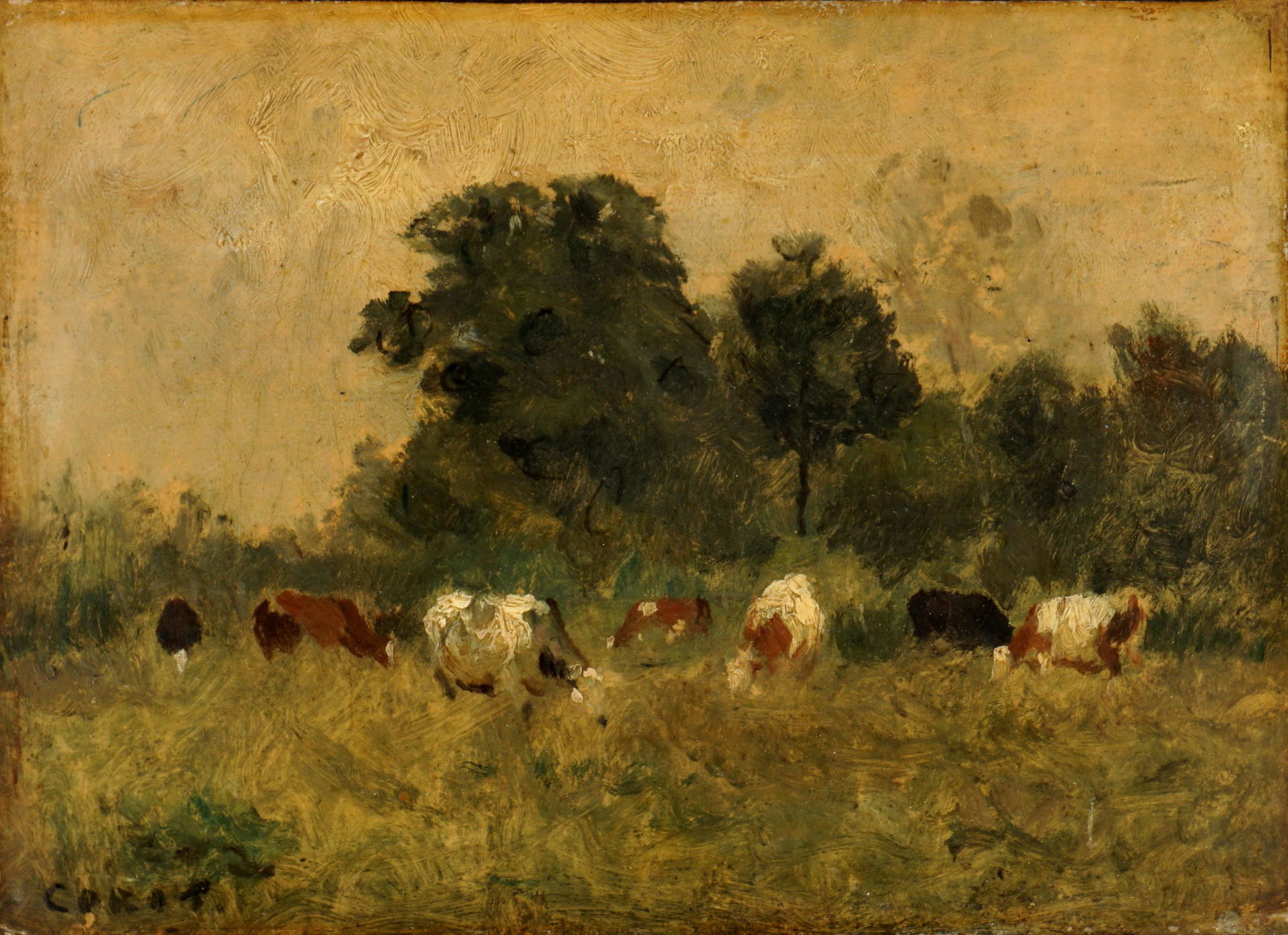 Jean-Baptiste Camille Corot Landscape with Cows: COROT, Jean-Baptiste Camille, (French, 1796-1875): Small landscape with cows in the foreground, Oil/Canvas, signed lower left, 6.5" x 8.75", period frame 10.25" x 12.5". Condition: Craquelure, lacquer