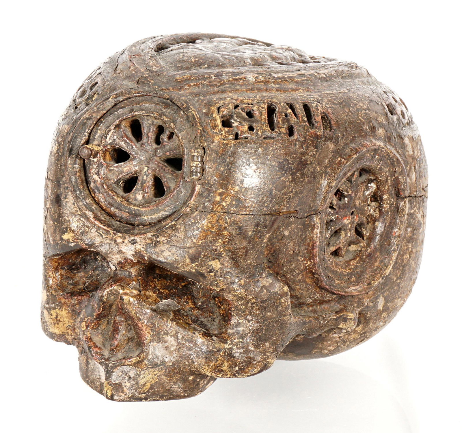 16th C Carved Wood Gothic Skull Church Charity Box: Circa 16th Century, carved wooden skull used as a charity or collection box to help pay for funerals and assorted other events. Pierced carved figure of Jesus on top of skull, relief church in back, l