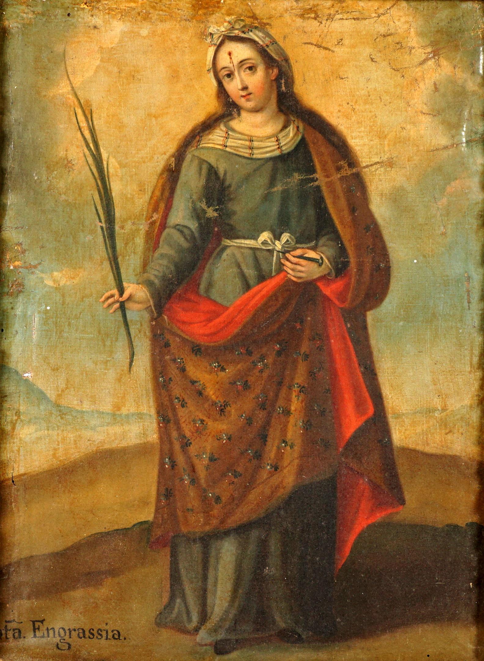 Cuzco School Saint Engracia Portrait Painting: Spanish Colonial style depiction of Saint Engracia (Engratia) standing with stigmata in her forehead and holding a branch, identified lower left St. Engrassia, Oil/Canvas, 23" x 17.25", framed 30.5" x